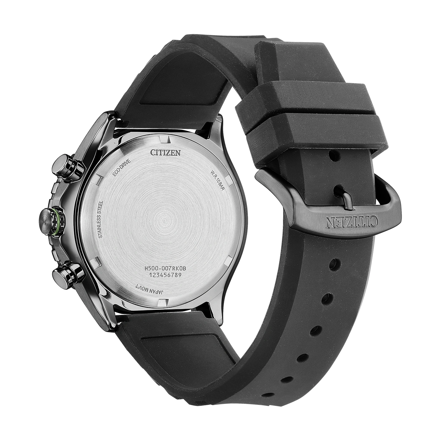 Rückansicht einer schwarzen Citizen Eco-Drive Uhr mit Kautschukarmband.