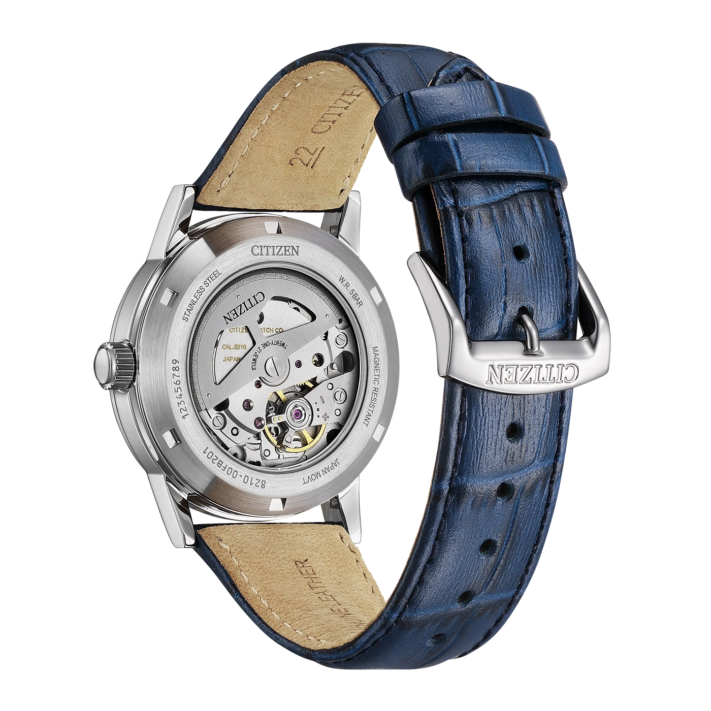Rückansicht einer Citizen-Uhr mit blauem Lederarmband und sichtbarem Uhrwerk.