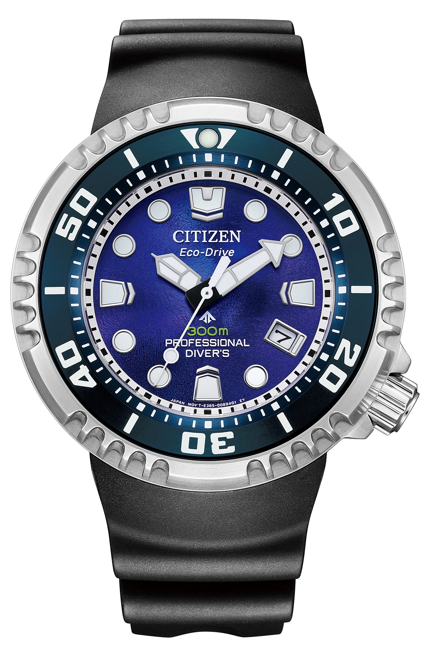 Citizen Eco-Drive Uhr mit blauem Zifferblatt, schwarzem Armband und silberner Lünette. Professionelle Taucheruhr.