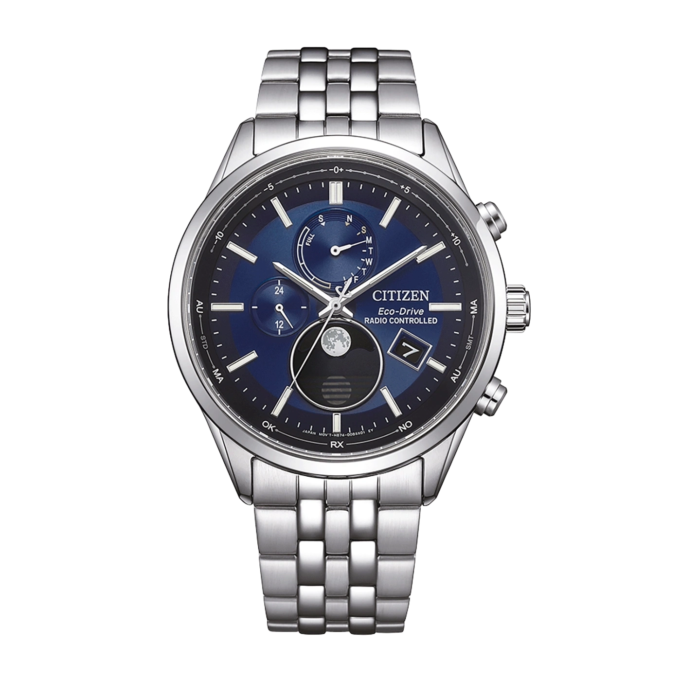 Citizen Eco-Drive Uhr mit blauem Zifferblatt, silbernem Armband und funkgesteuerten Funktionen.