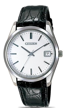 Citizen-Uhr mit weißem Zifferblatt und schwarzem Lederarmband.