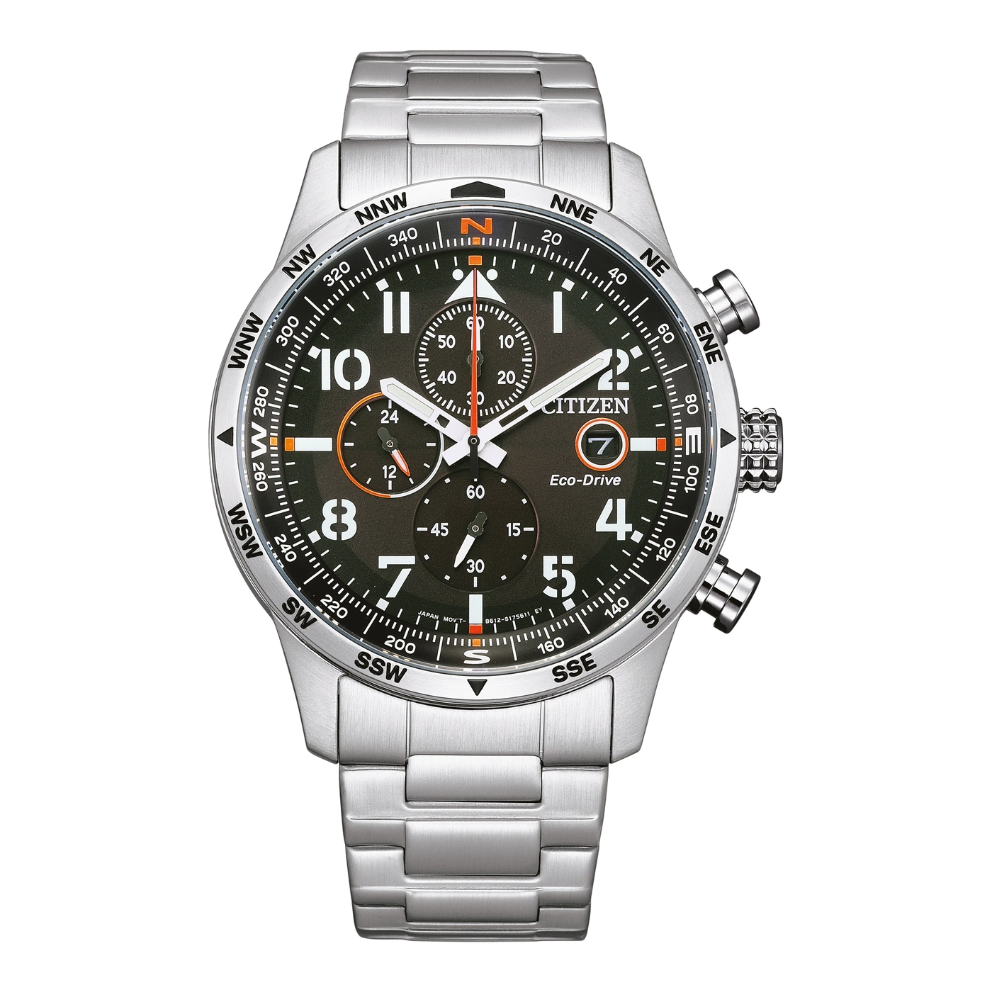 Citizen-Uhr mit Kompasslünette, Chronograph und Edelstahlarmband.