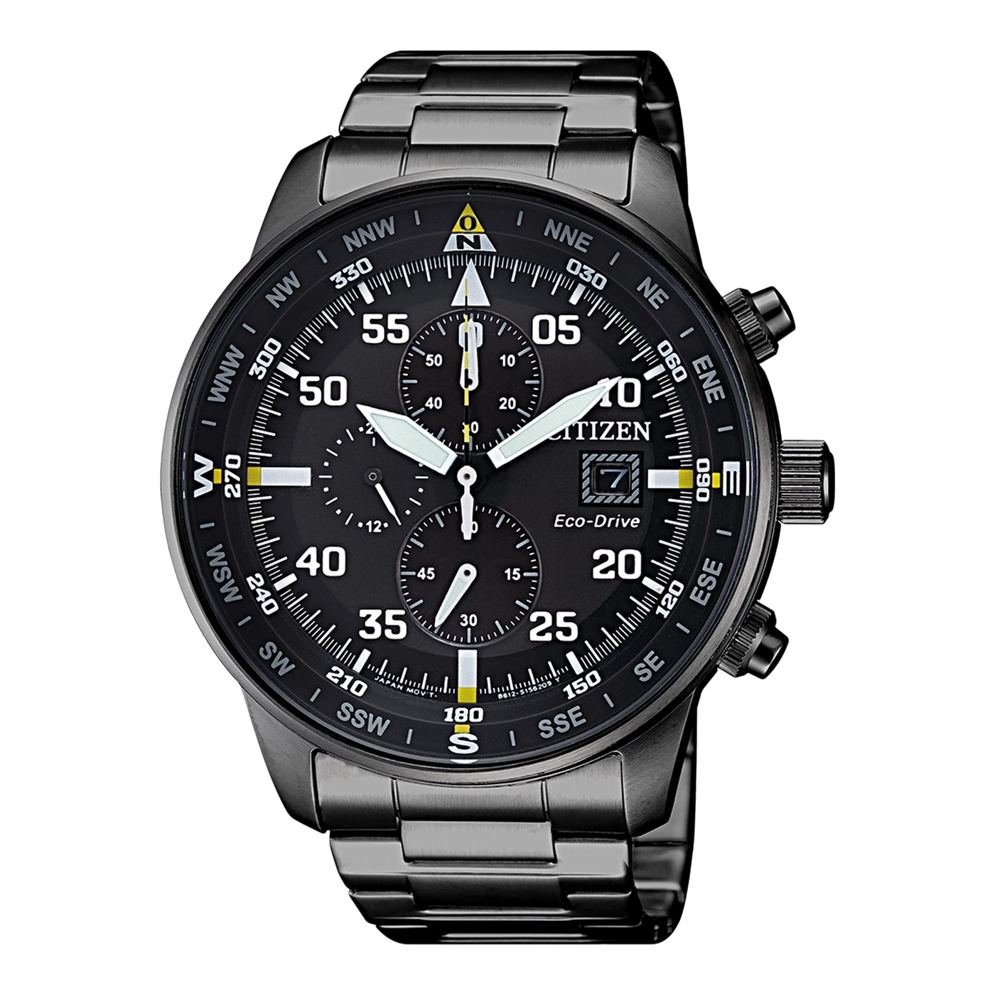 Schwarze Citizen-Uhr mit Kompass und Chronographenfunktionen, ideal für Outdoor-Abenteuer.