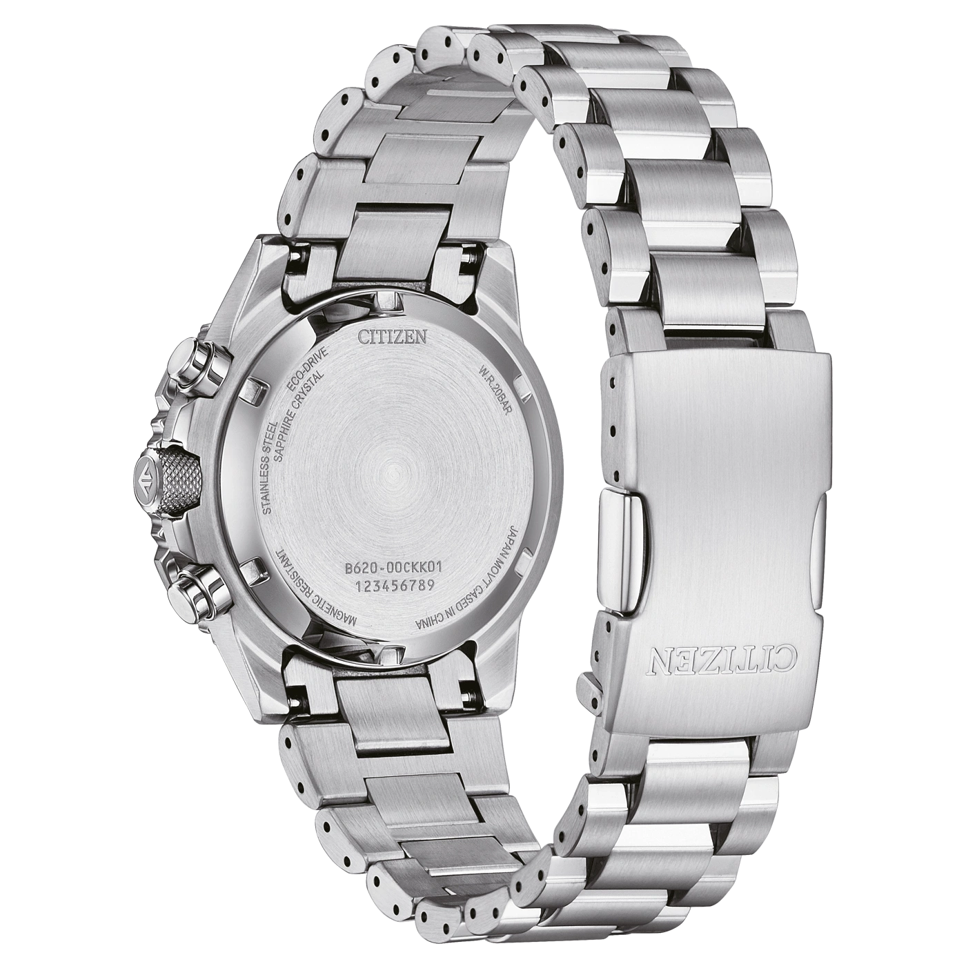 Citizen-Uhrrückseite, Edelstahl, Eco-Drive, Saphirkristall, W.R.20BAR, Japan