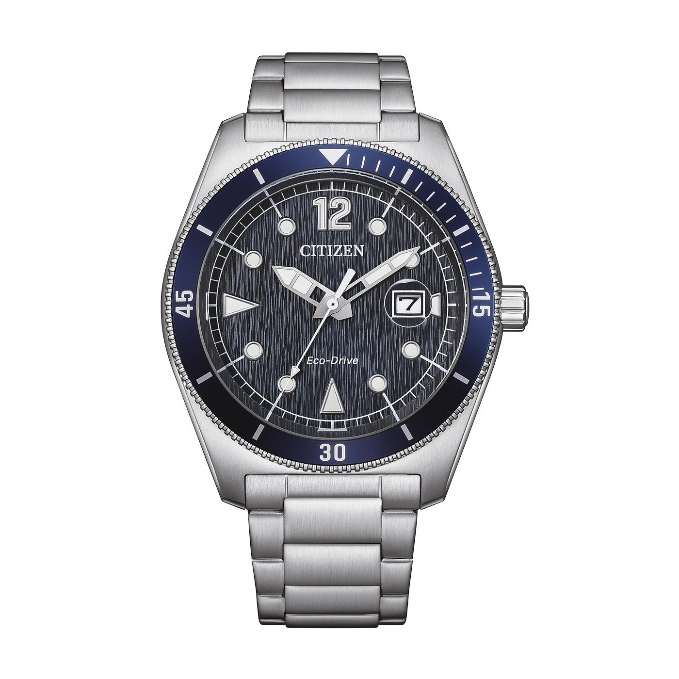Eine Citizen Eco-Drive Uhr mit blauem Zifferblatt und silbernem Armband.