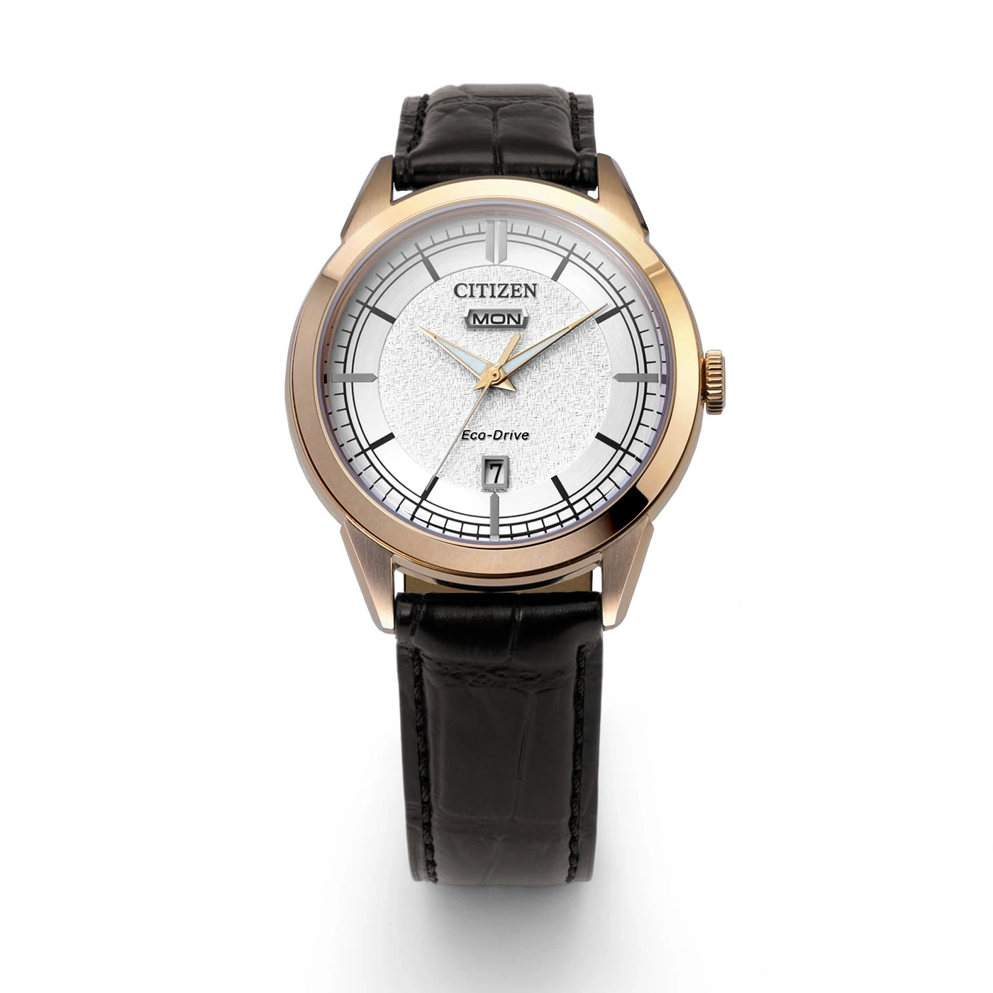 Eine Citizen Eco-Drive Uhr mit weißem Zifferblatt und schwarzem Lederarmband.
