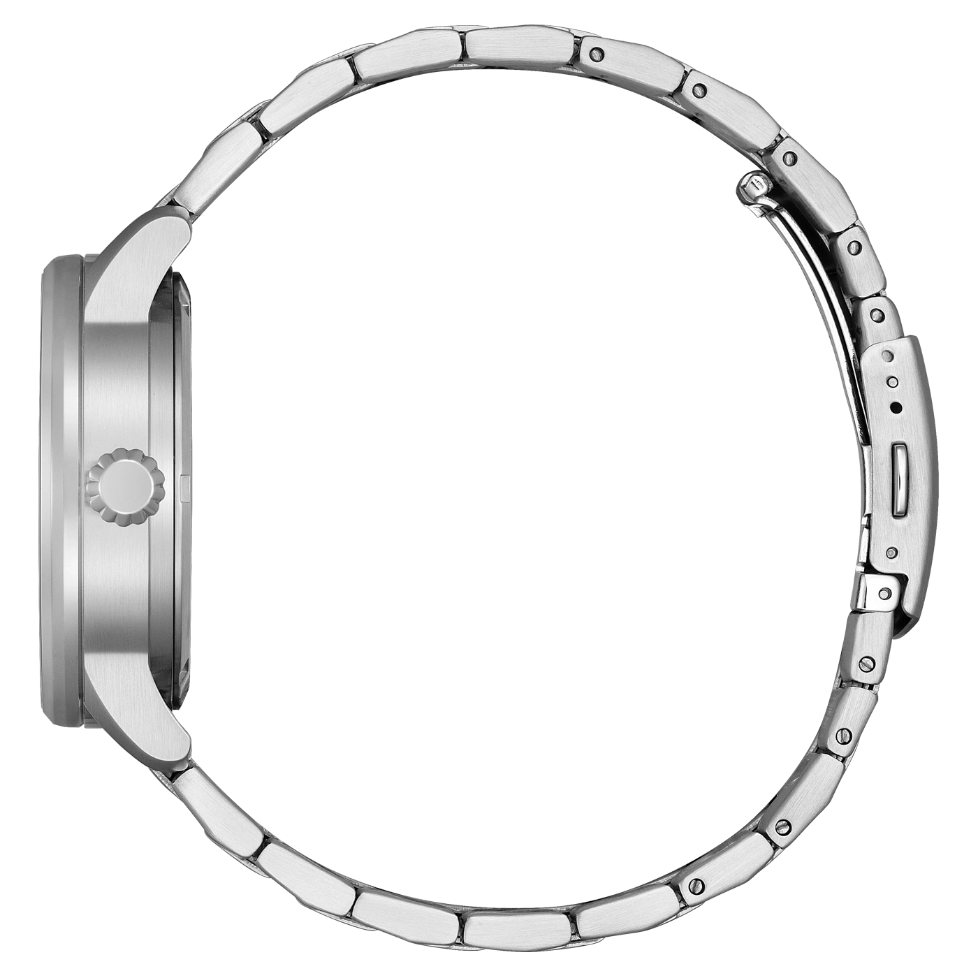 Silberne Uhr mit Metallarmband, Seitenansicht, isoliert auf weißem Hintergrund.