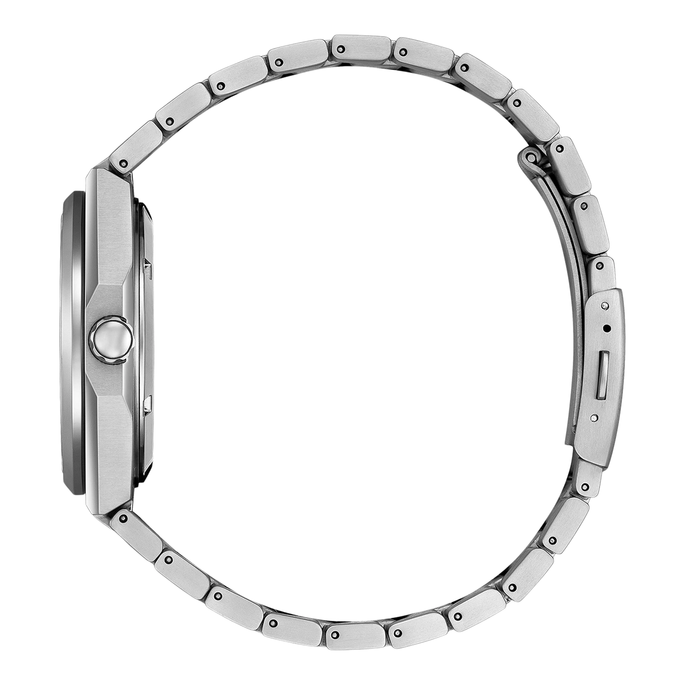 Silberne Uhr mit Metallarmband, Seitenansicht, elegantes Design, moderner Stil.