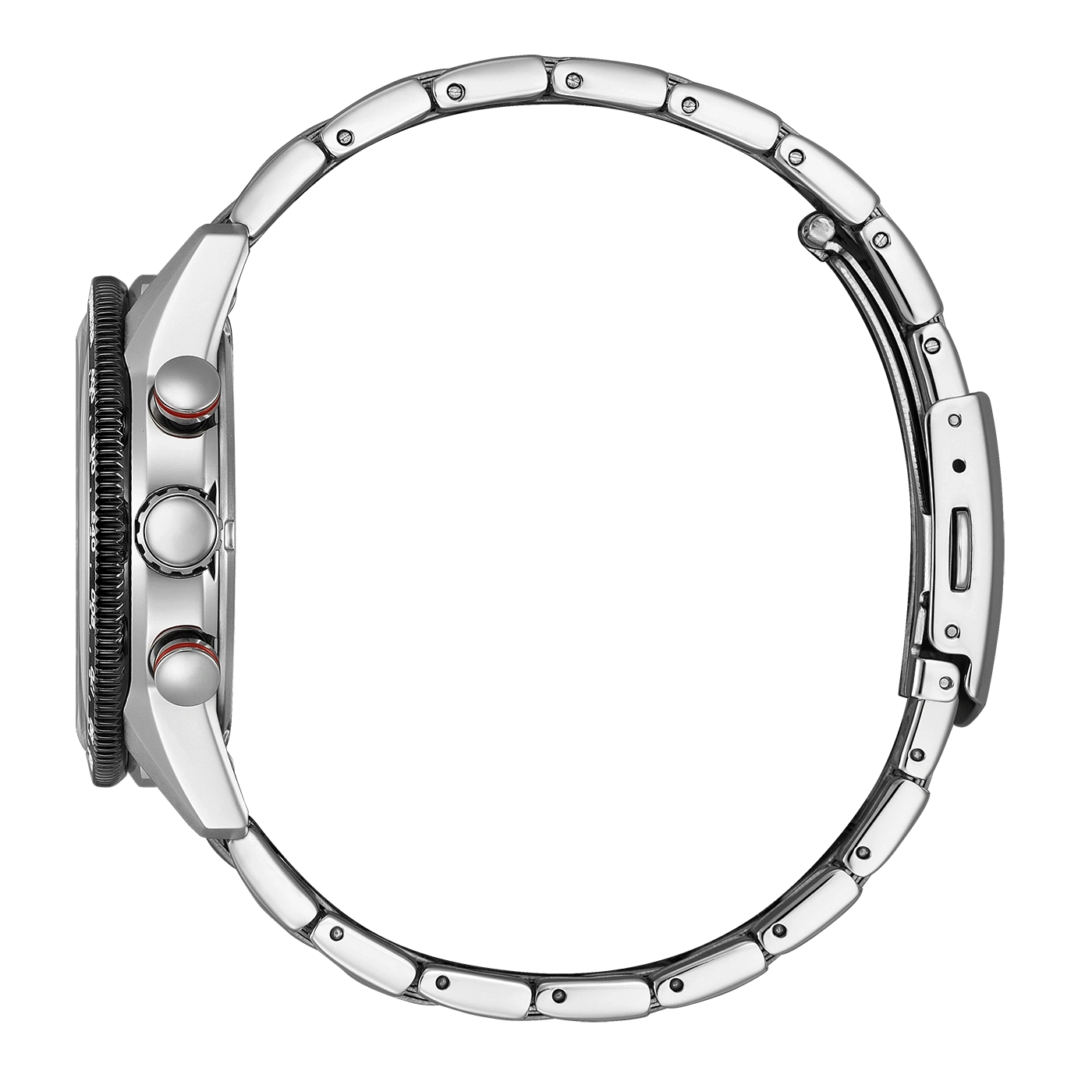 Seitenansicht einer silbernen Uhr mit Metallarmband und zwei Knöpfen an der Seite.