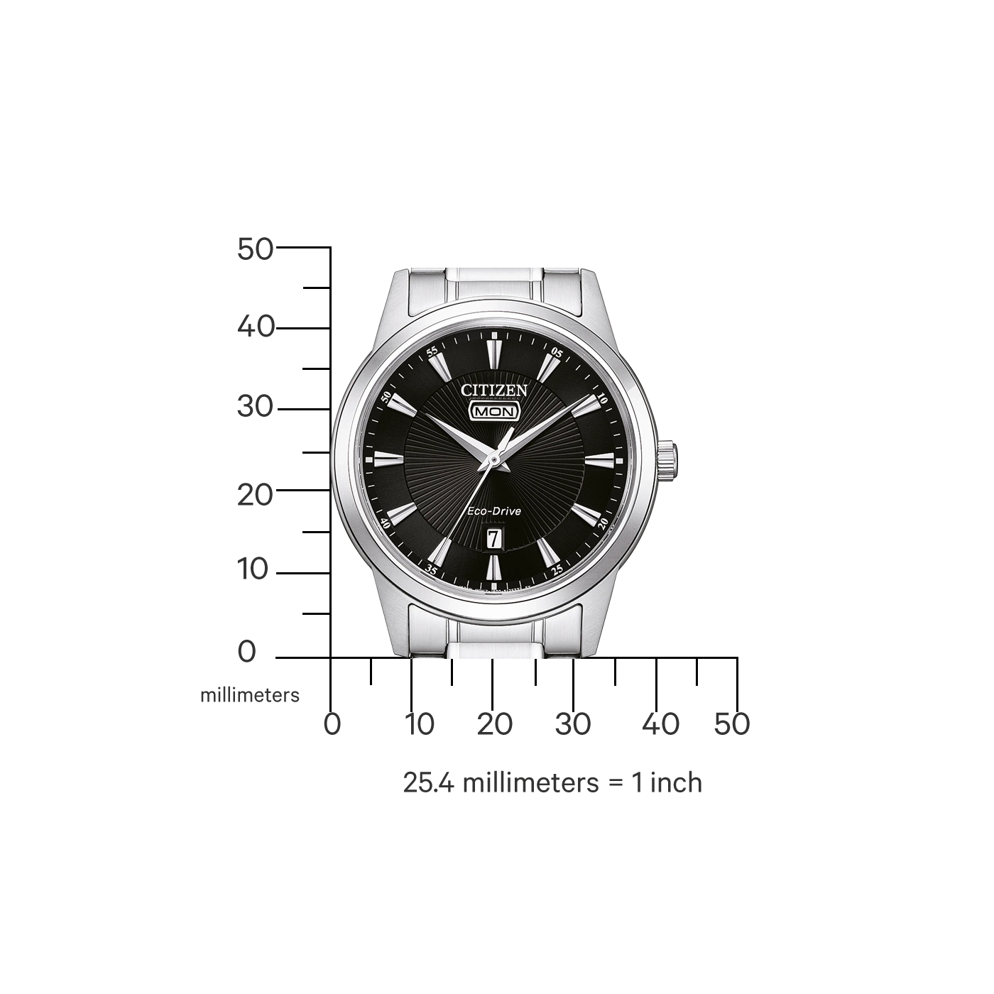 Citizen-Uhr mit schwarzem Zifferblatt, Eco-Drive und Datumsanzeige. Silbernes Armband.
