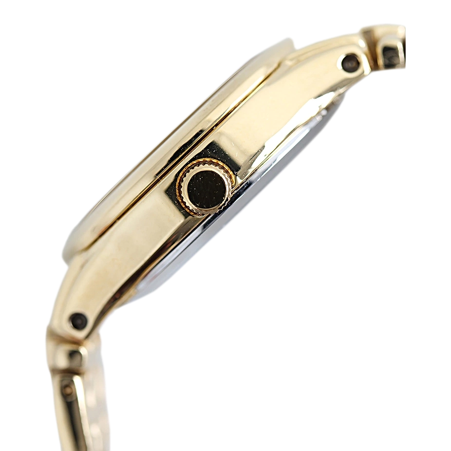 Goldene Uhr Seitenansicht, Krone und Bandanschluss sind sichtbar.