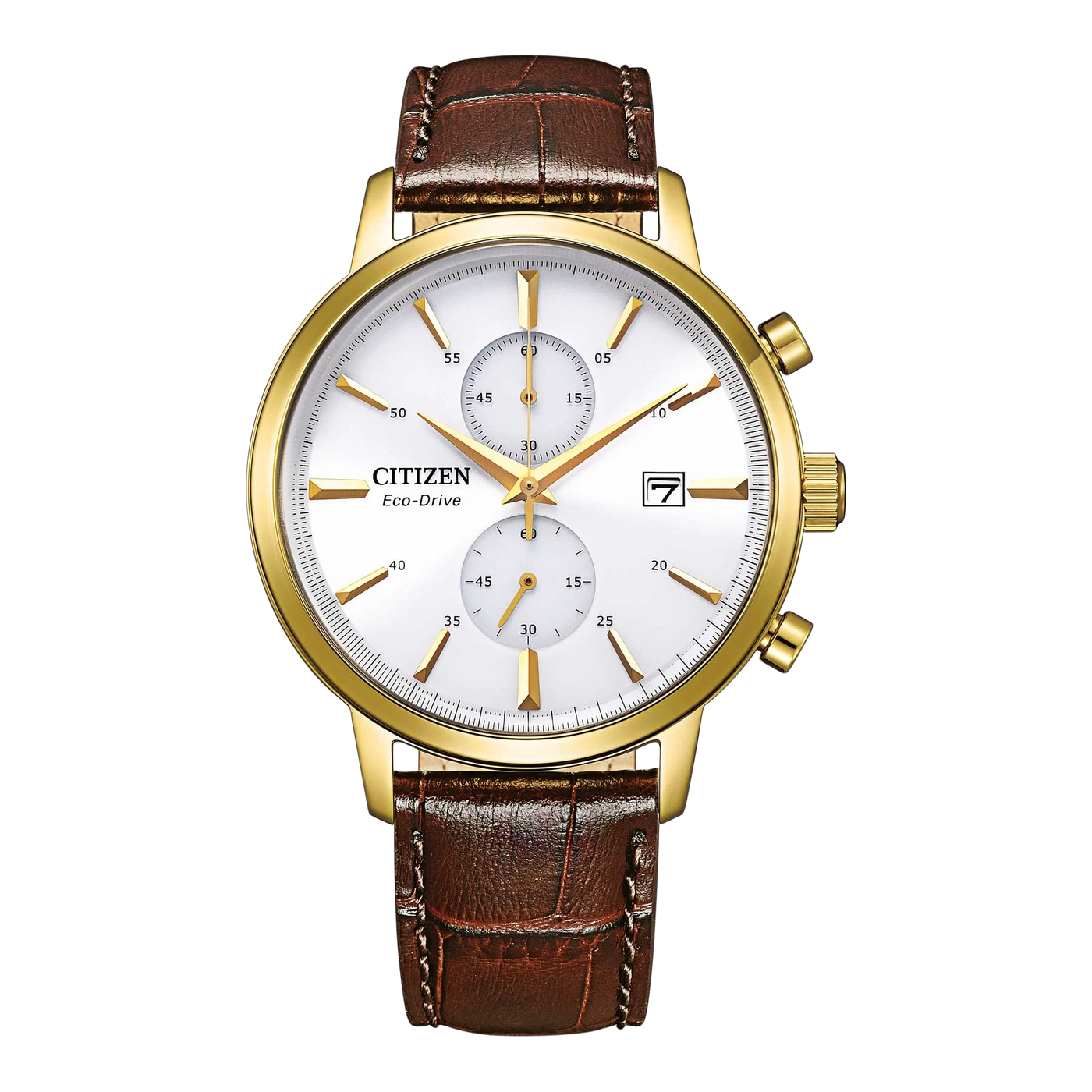 Goldene Citizen-Uhr mit weißem Zifferblatt und braunem Lederarmband.