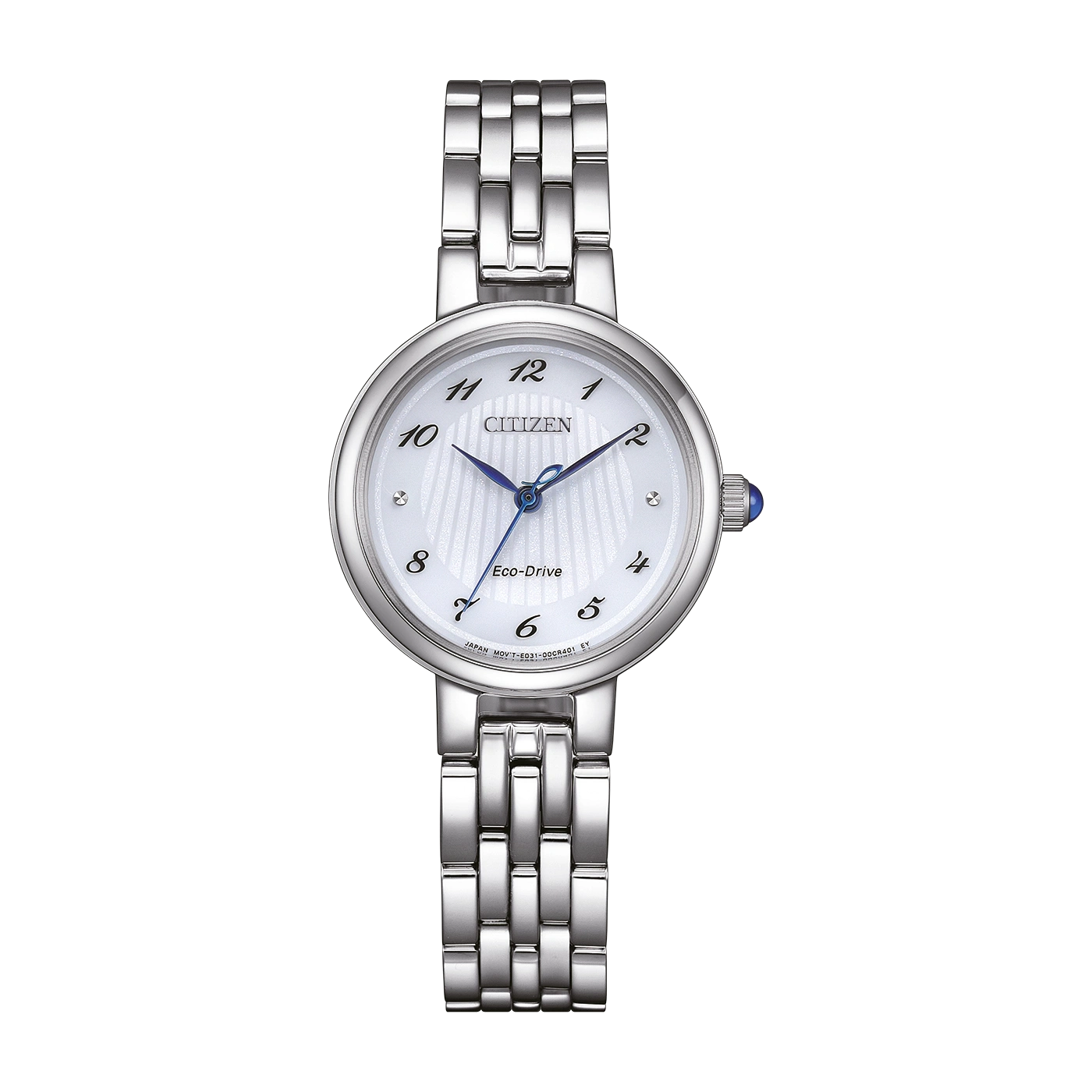 Citizen-Uhr mit weißem Zifferblatt und silbernem Armband, elegantes Design.