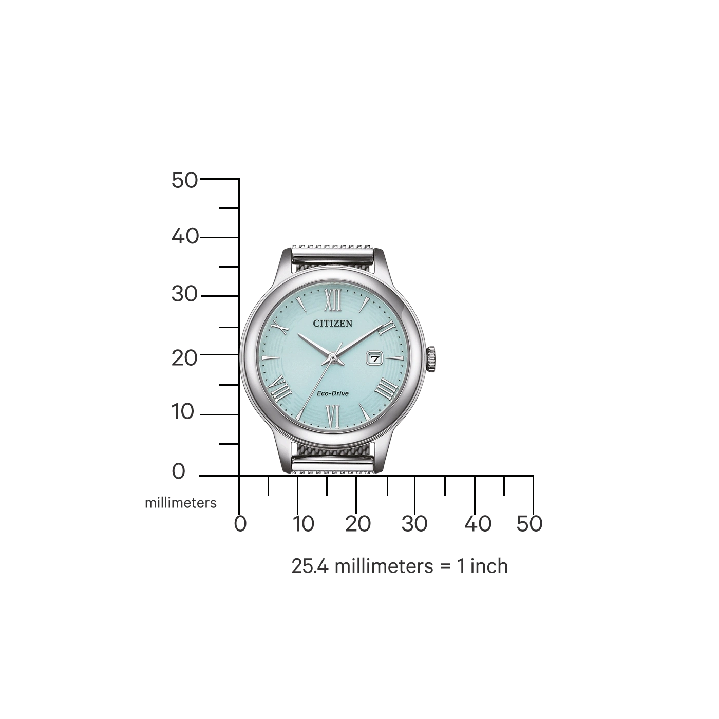 Citizen-Uhr mit hellblauem Zifferblatt, Maßstab in Millimetern und dem Text 'Eco-Drive'.