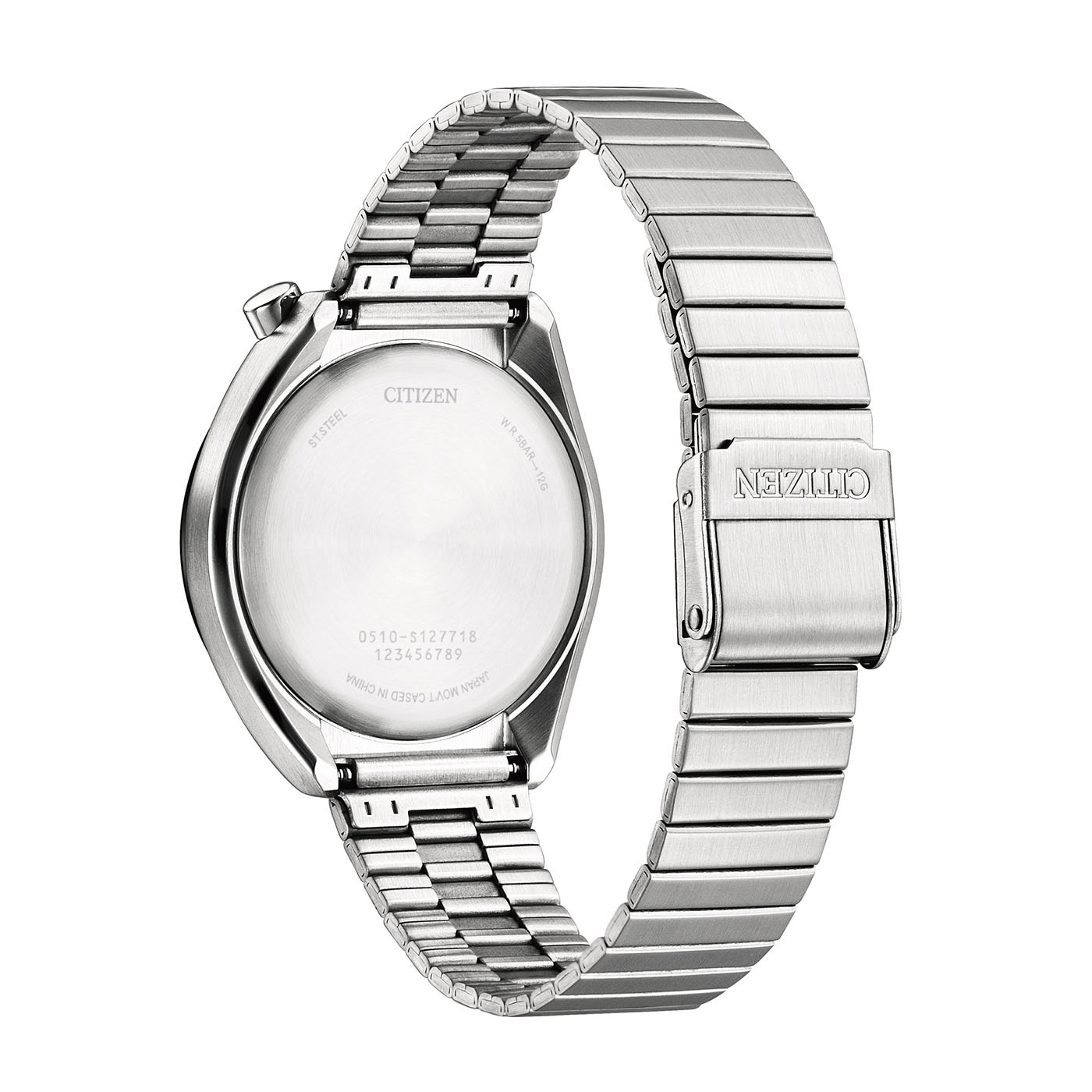 Rückseite einer silbernen Citizen-Uhr mit Metallarmband.