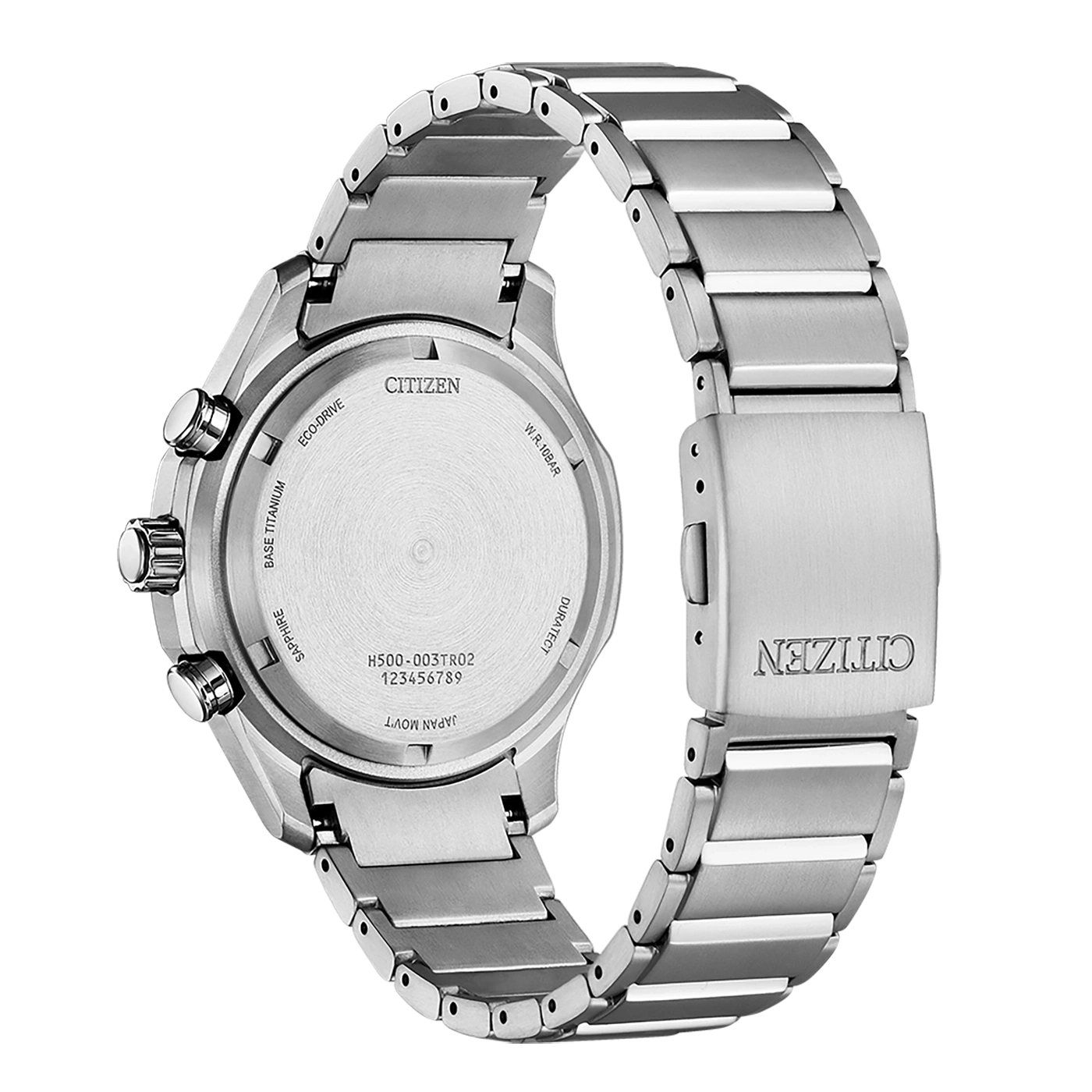 Citizen-Uhrrückseite, Titan, Saphir, Eco-Drive, Japan Movt, W.R.10BAR, Duratect