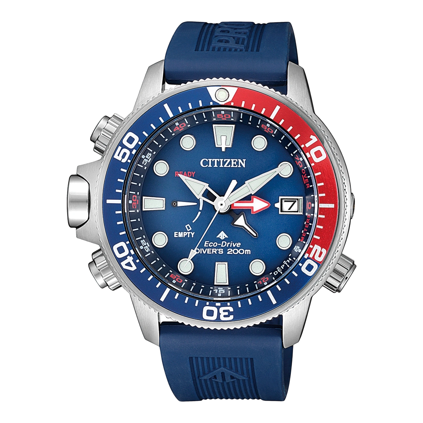 Citizen-Uhr mit blau-roter Lünette, blauem Armband und silbernem Gehäuse.