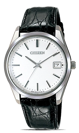 Citizen-Uhr mit weißem Zifferblatt und schwarzem Lederarmband