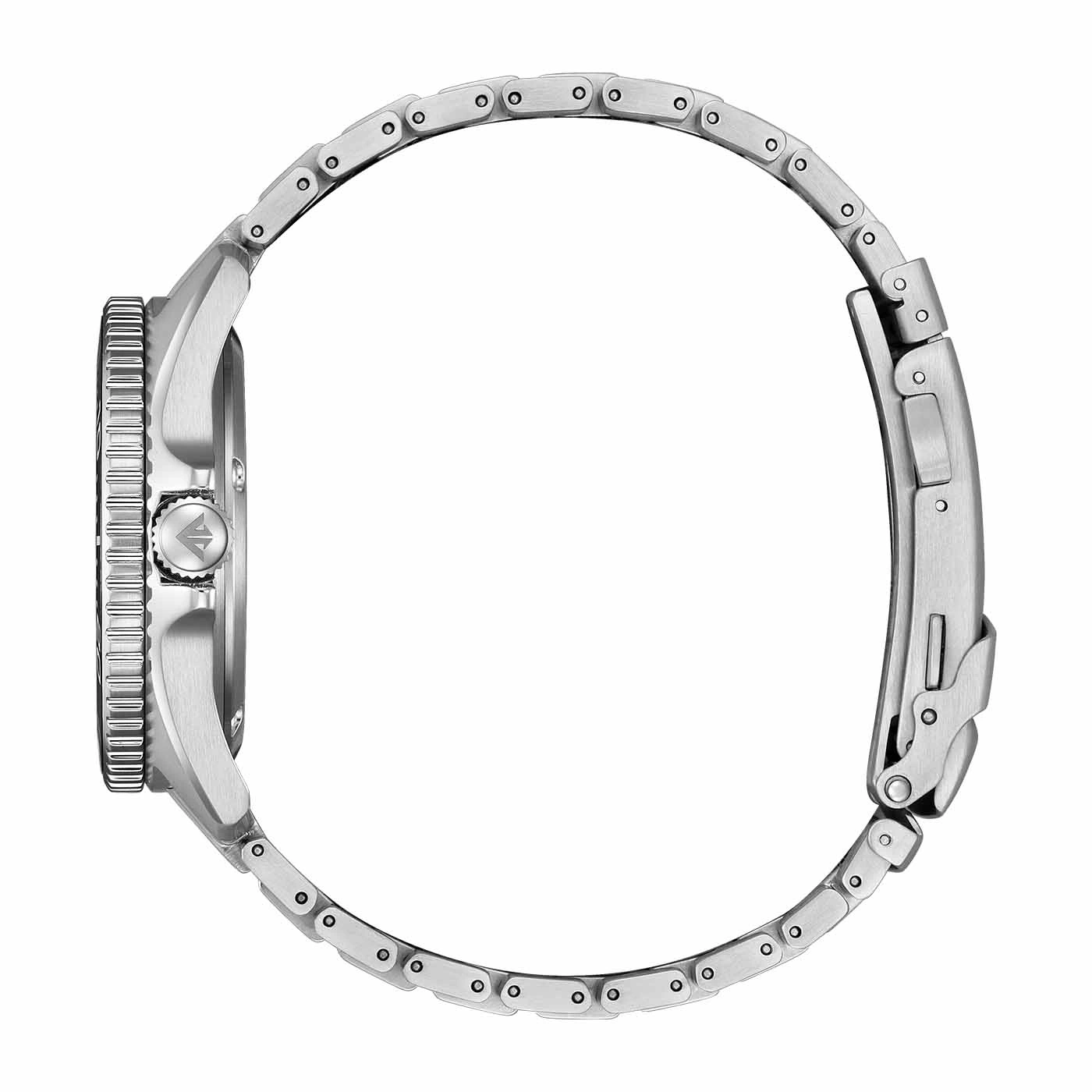 Seitenansicht einer silbernen Armbanduhr mit Metallband und rundem Zifferblatt.