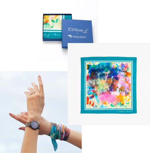 Citizen L Uhr, Schal und Box. Buntes abstraktes Kunstdesign.