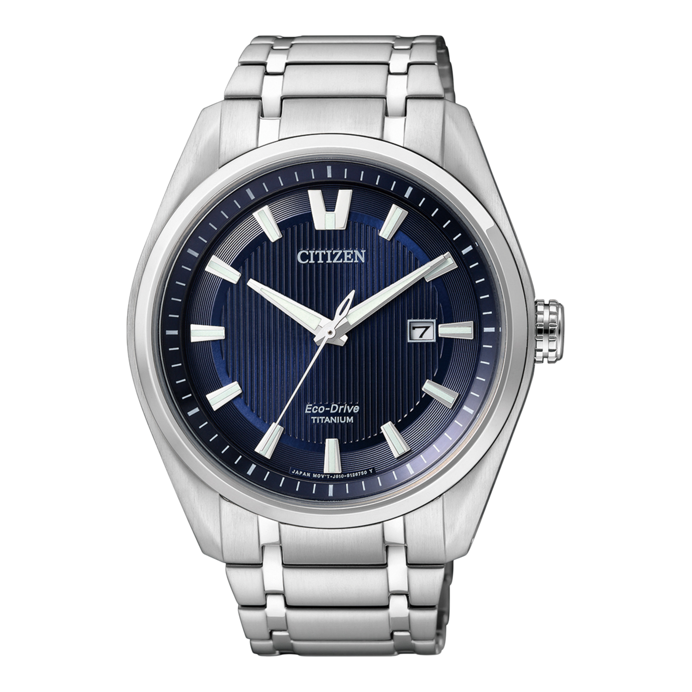 Citizen-Uhr mit blauem Zifferblatt und Titanarmband, elegantes Design.