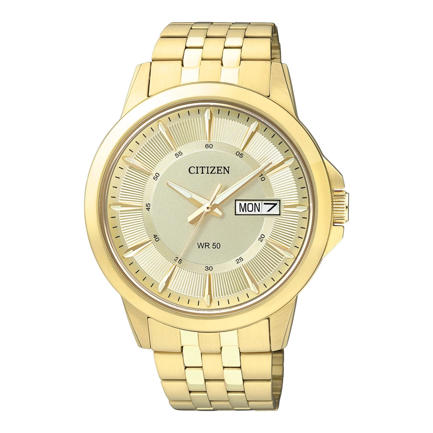 Goldene Citizen-Uhr mit goldenem Armband und Tagesanzeige.