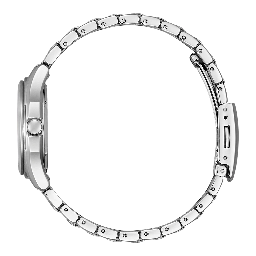 Silberne Uhr mit kreisförmigem Band, Seitenansicht, isoliert auf weißem Hintergrund.