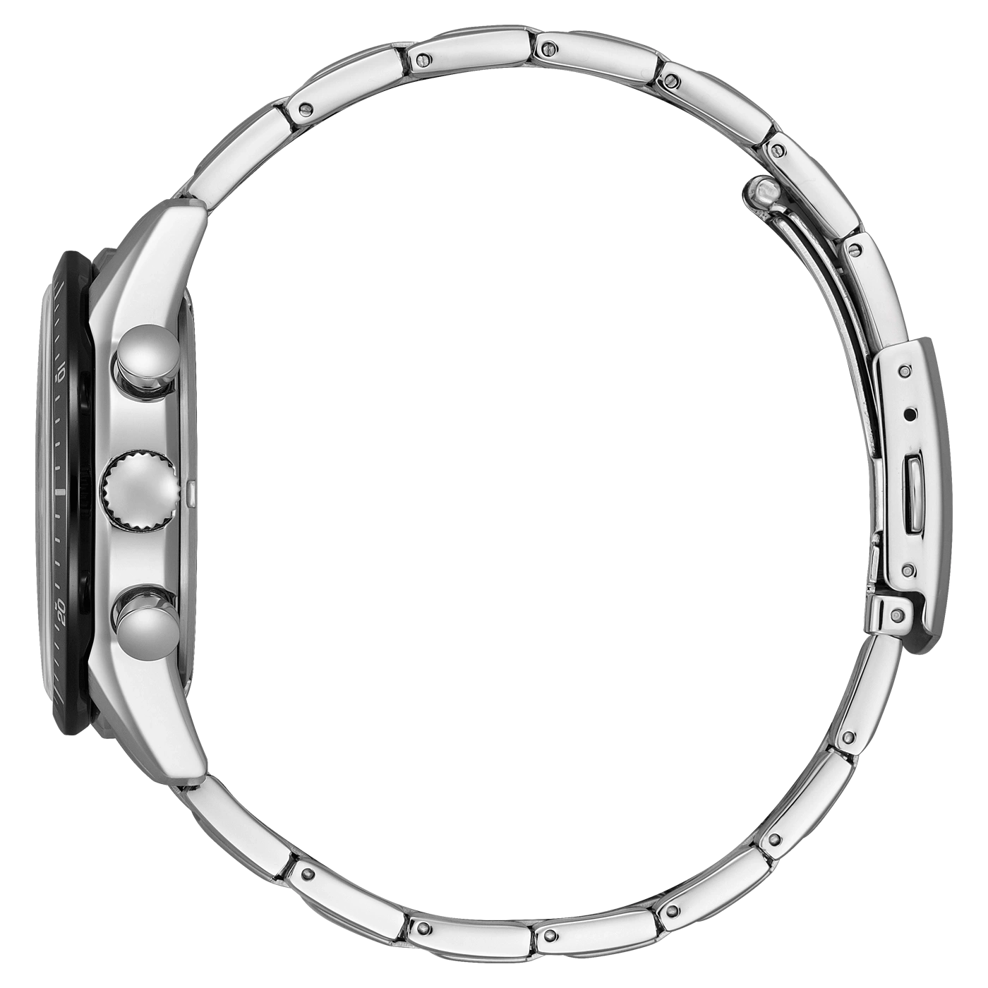 Seitenansicht einer silbernen Armbanduhr mit schwarzem Zifferblatt und Metallband.