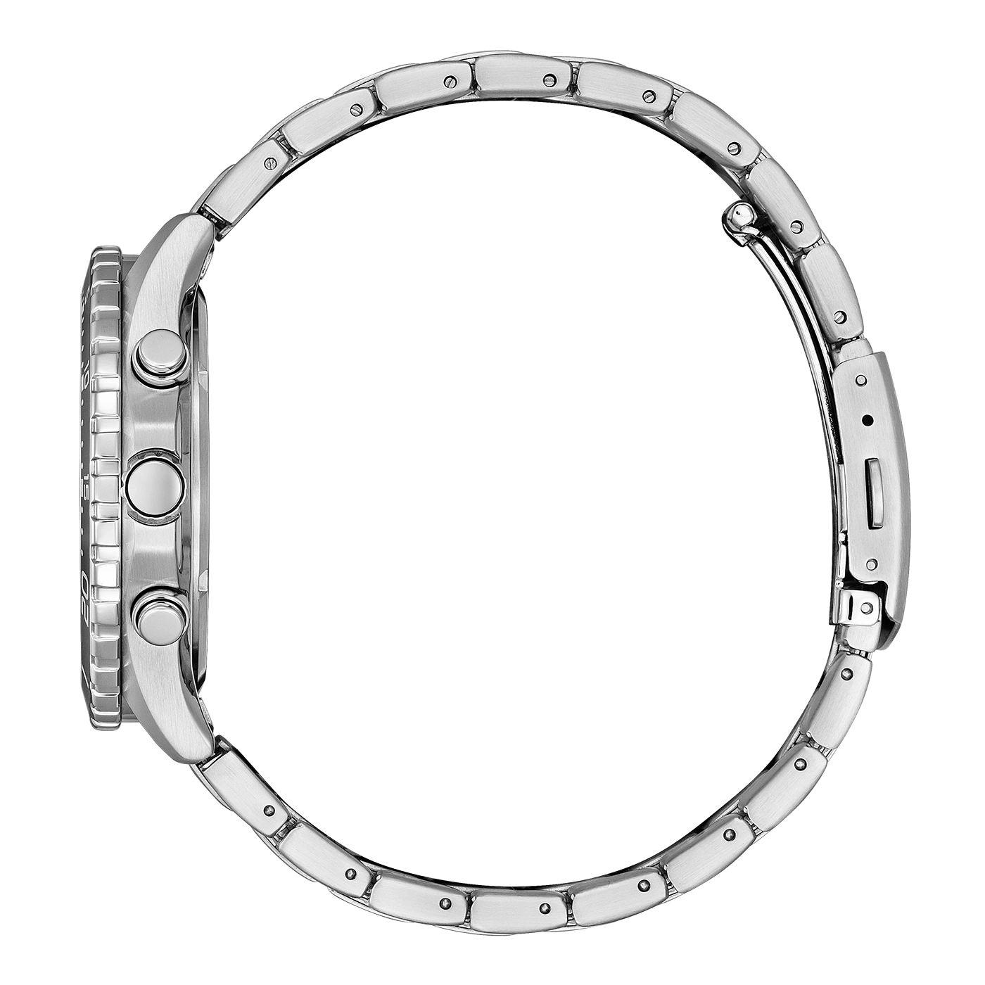 Silberne Uhr Seitenansicht, Edelstahlarmband, rundes Zifferblatt, Chronographentasten