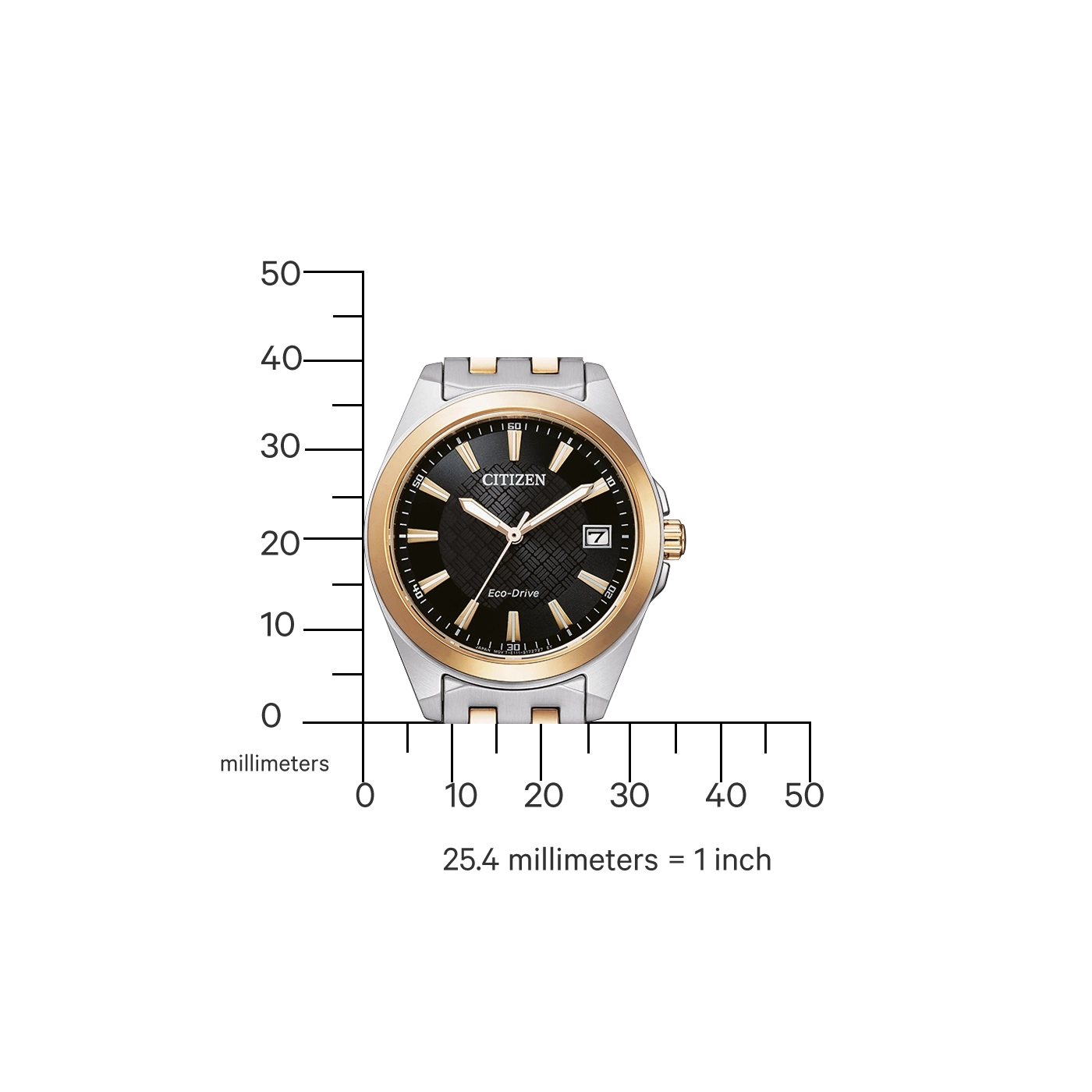 Citizen-Uhr mit schwarzem Zifferblatt, Gold- und Silberakzenten und Eco-Drive-Technologie.