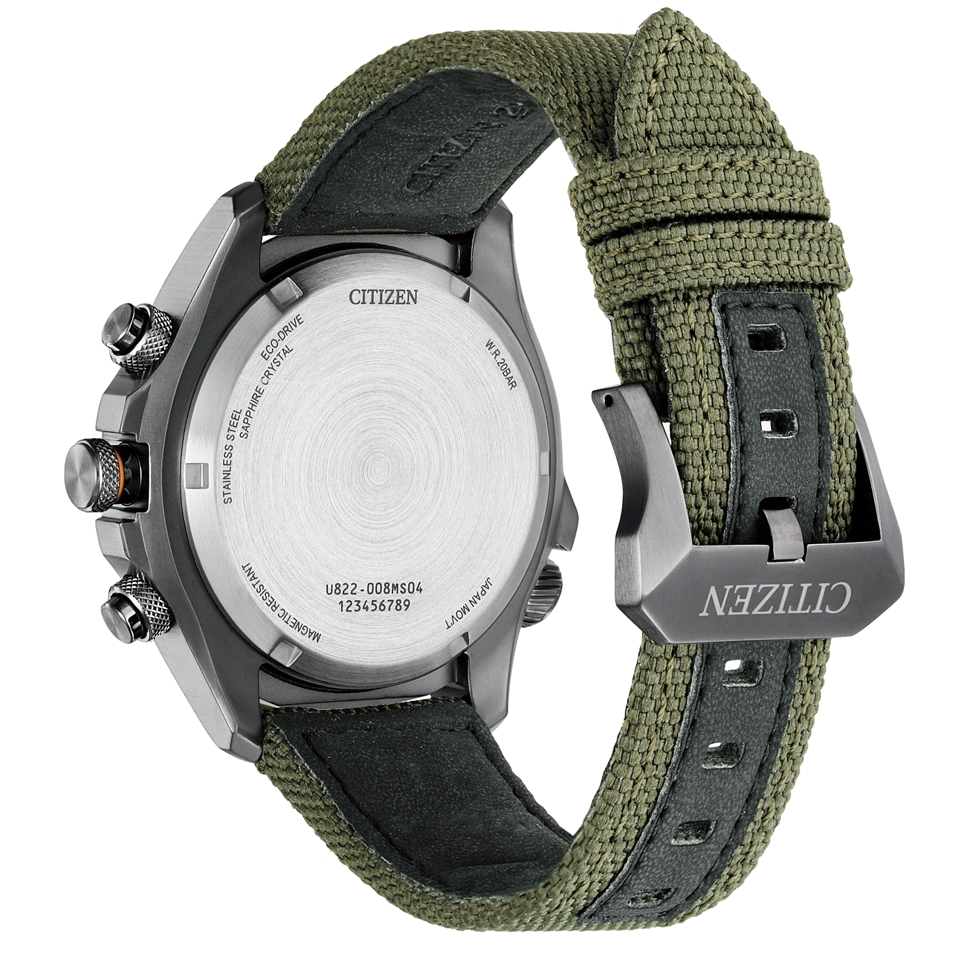 Citizen-Uhrrückseite mit Details: Eco-Drive, Edelstahl und Armband.