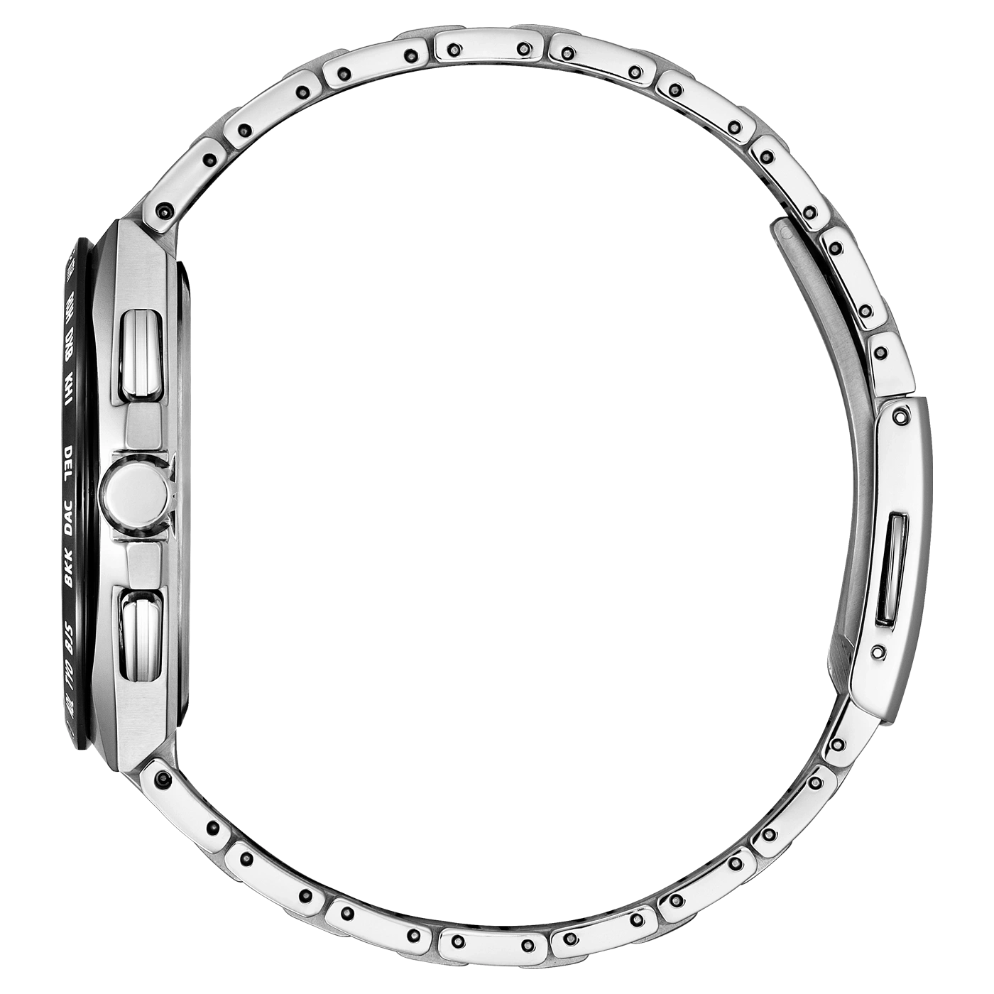 Seitenansicht einer silbernen Armbanduhr mit Metallband, elegantes Design.