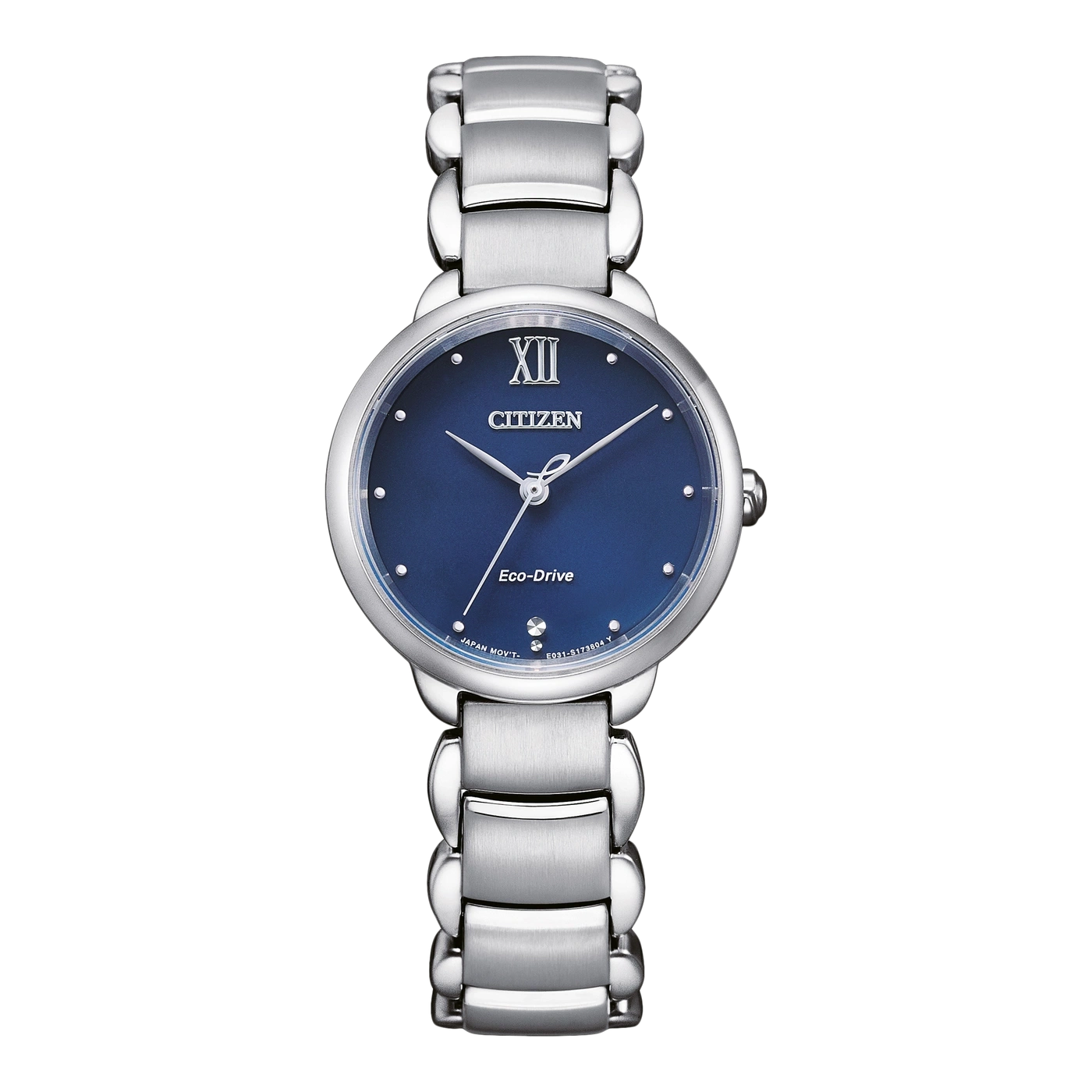Citizen Eco-Drive Uhr mit blauem Zifferblatt und silbernem Armband.