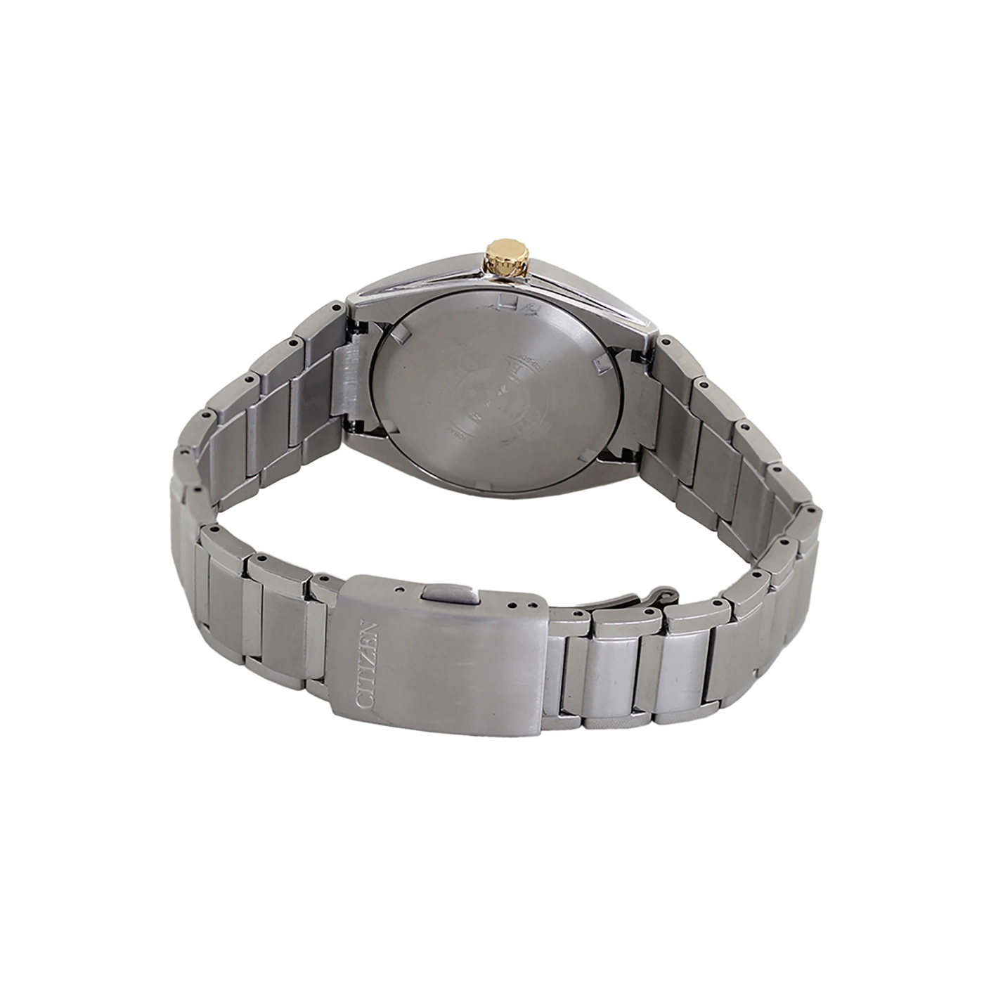 Citizen-Uhr, silbernes Armband, goldene Krone, Rückansicht, Edelstahl, elegant