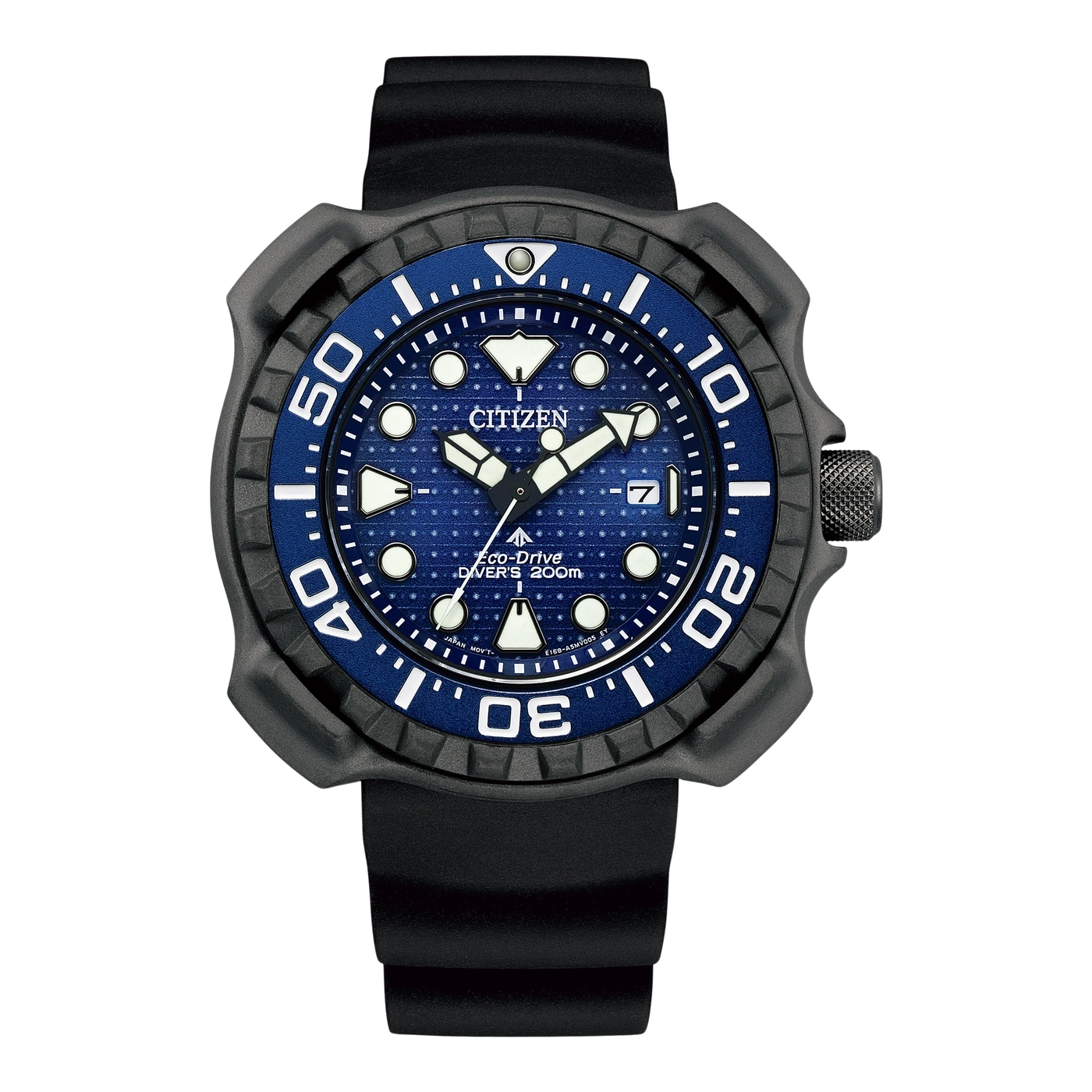 Citizen-Uhr mit blauem Zifferblatt und schwarzem Armband, Eco-Drive, Taucheruhr