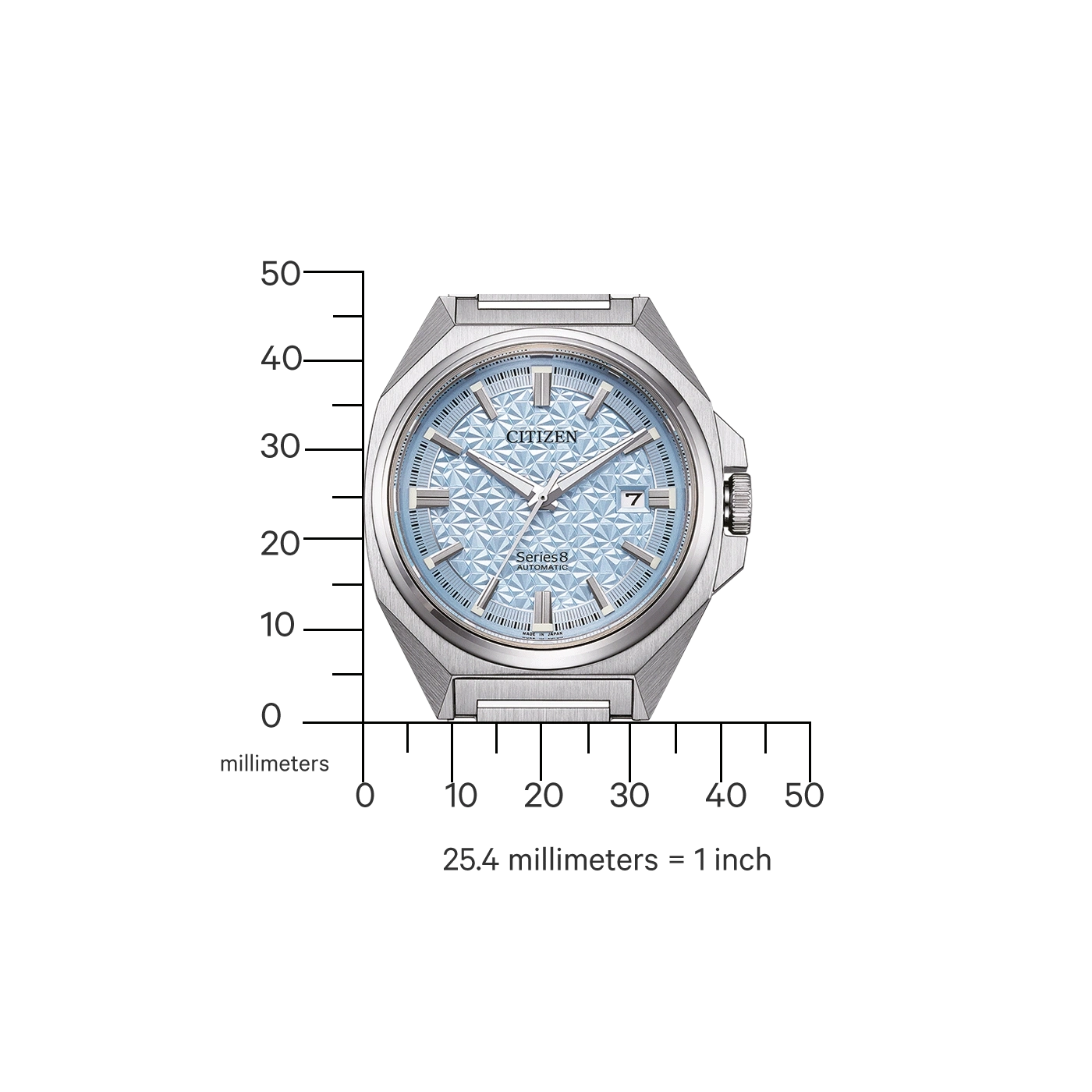 Citizen-Uhr mit blauem Zifferblatt, Maßstab und dem Text 'Series 8 AUTOMATIC'.