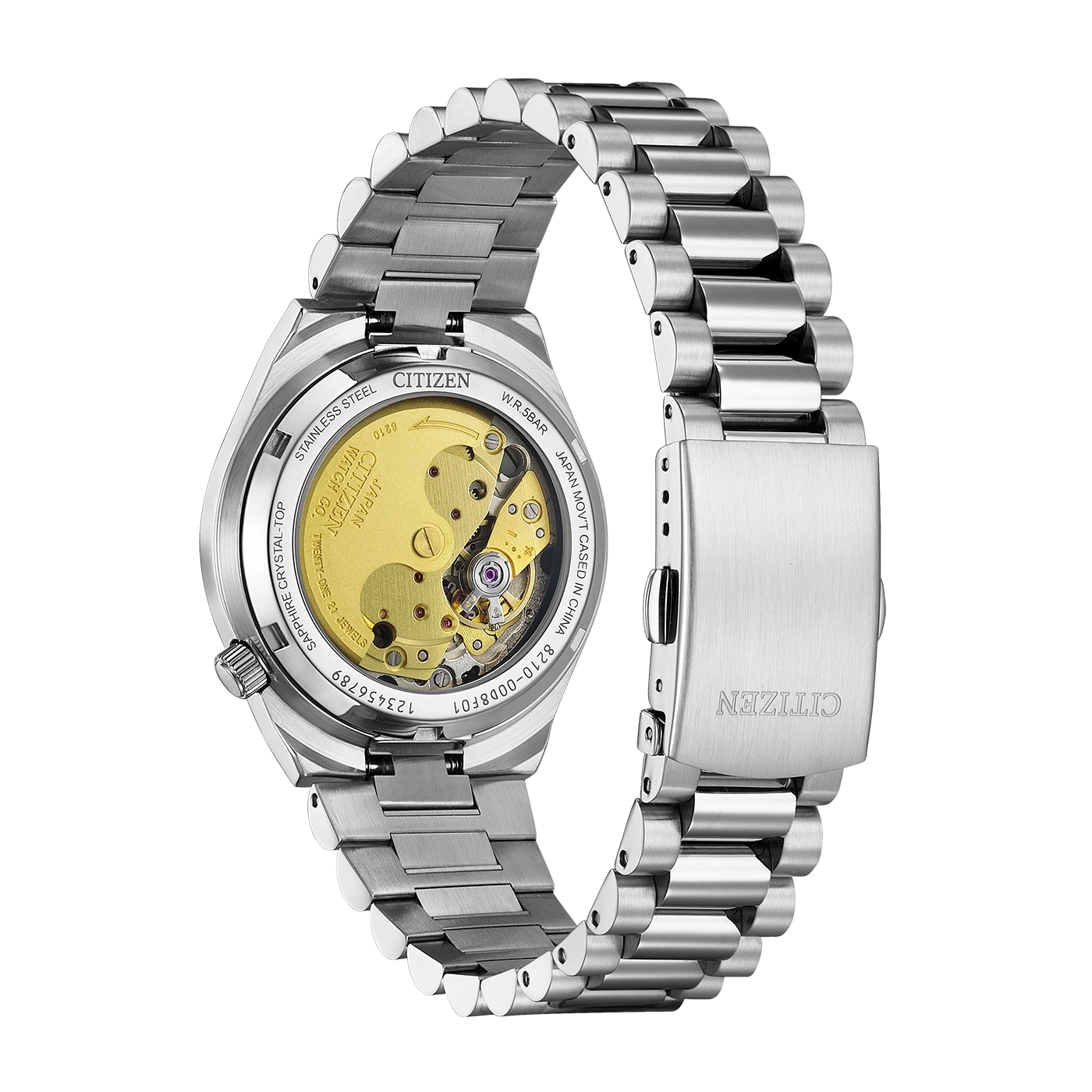 Citizen-Uhr, Rückseite mit Mechanismus, Edelstahl, Armband, japanisches Uhrwerk.
