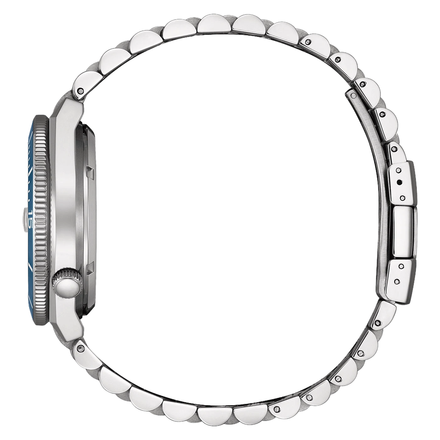Seitenansicht einer silbernen Uhr mit blauem Zifferblatt und Metallarmband.