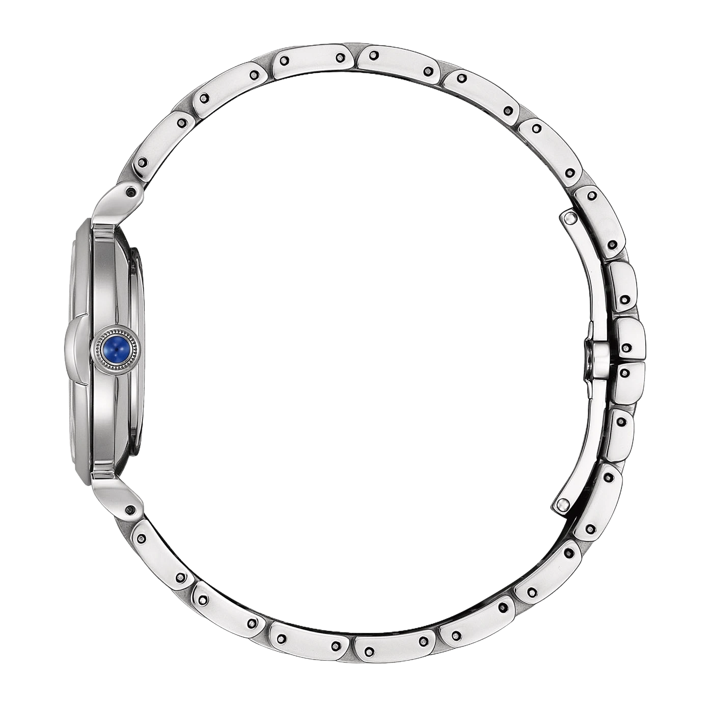 Eine silberne Uhr mit einem blauen Edelstein an der Seite, auf weißem Hintergrund.