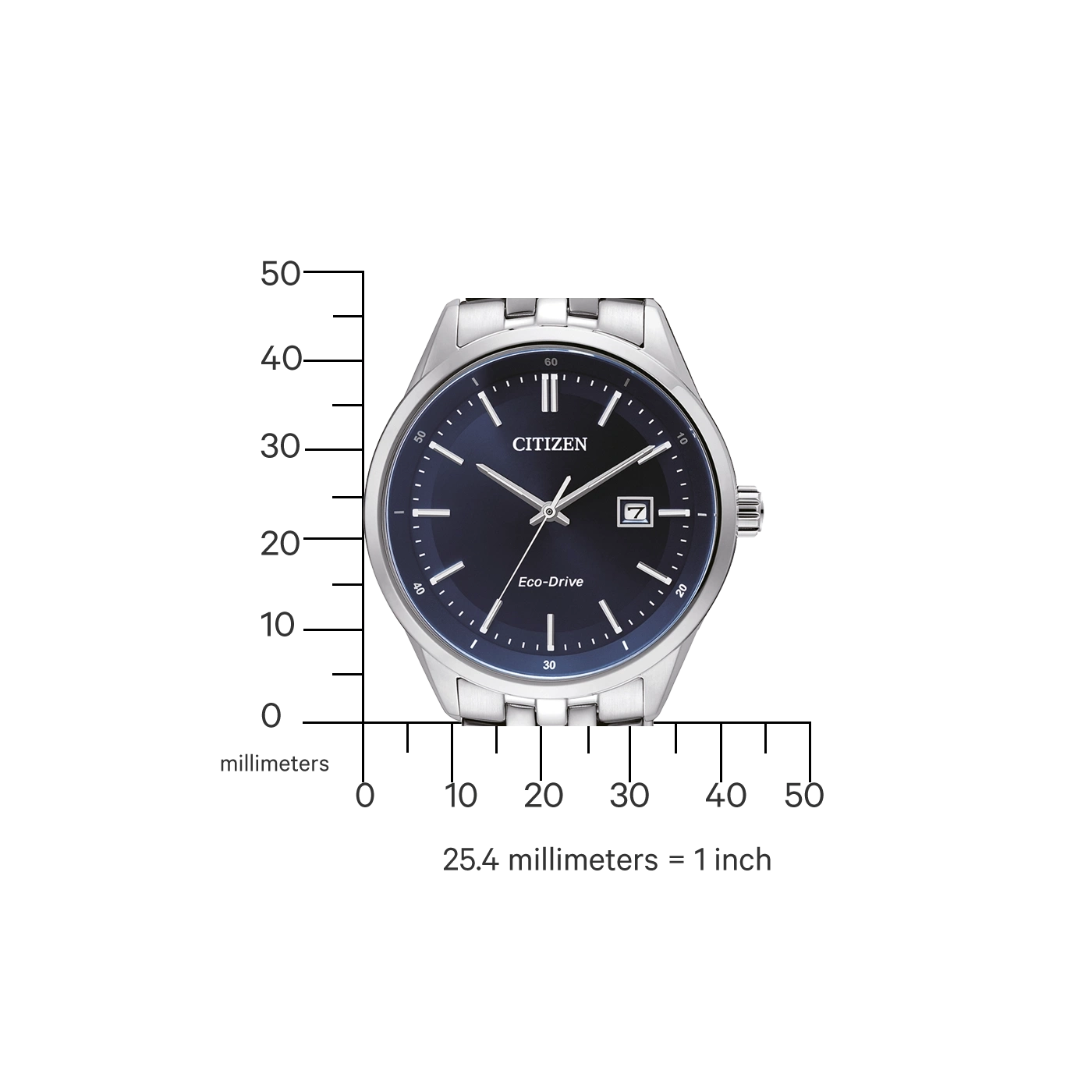 Citizen-Uhr mit dunkelblauem Zifferblatt und silbernem Armband, Eco-Drive-Technologie.
