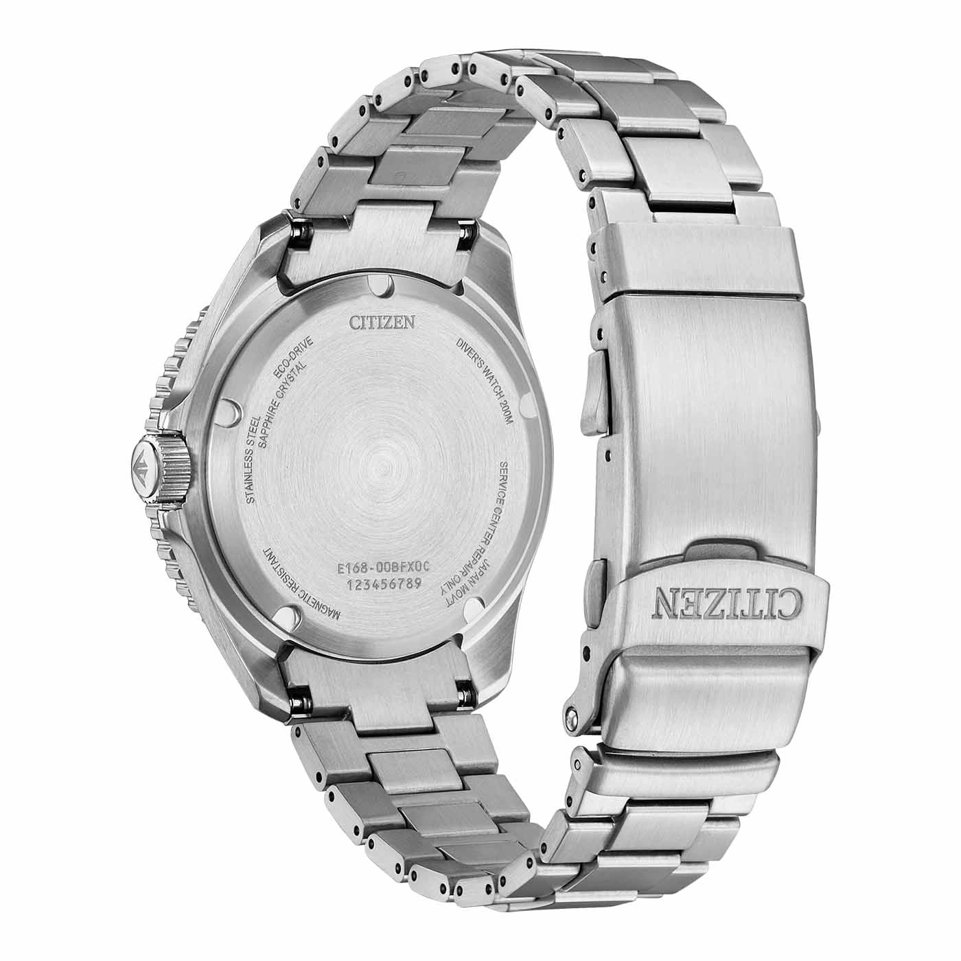 Citizen-Uhrenrückseite, Edelstahl, Eco-Drive, Saphirkristall, Taucheruhr
