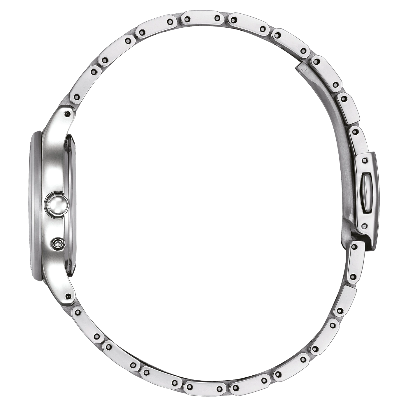 Seitenansicht einer silbernen Armbanduhr mit Metallband auf grünem Hintergrund.