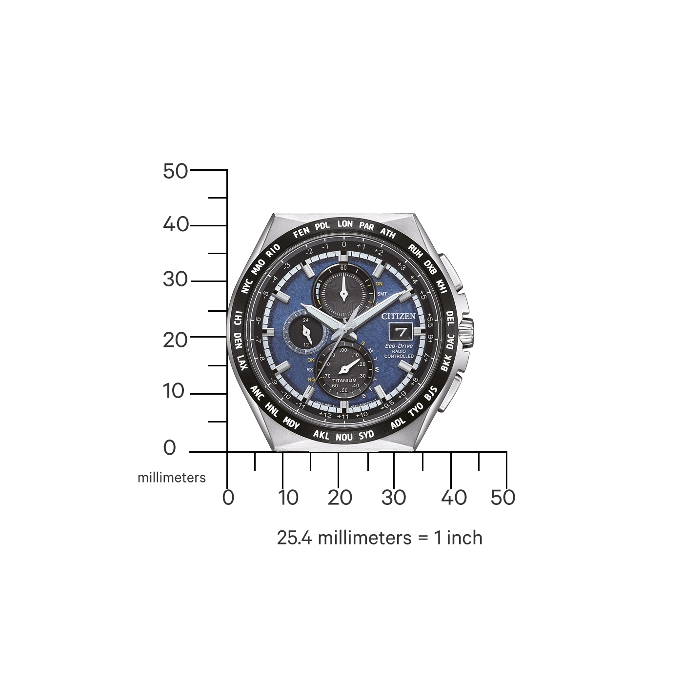 Citizen-Uhr mit Zeitzonen, Datum und Eco-Drive-Technologie. Titan, funkgesteuert.