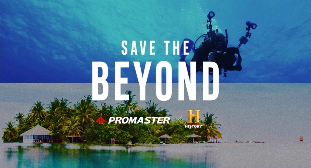 Bild eines Tauchers und einer Insel mit dem Text 'Save the Beyond'.