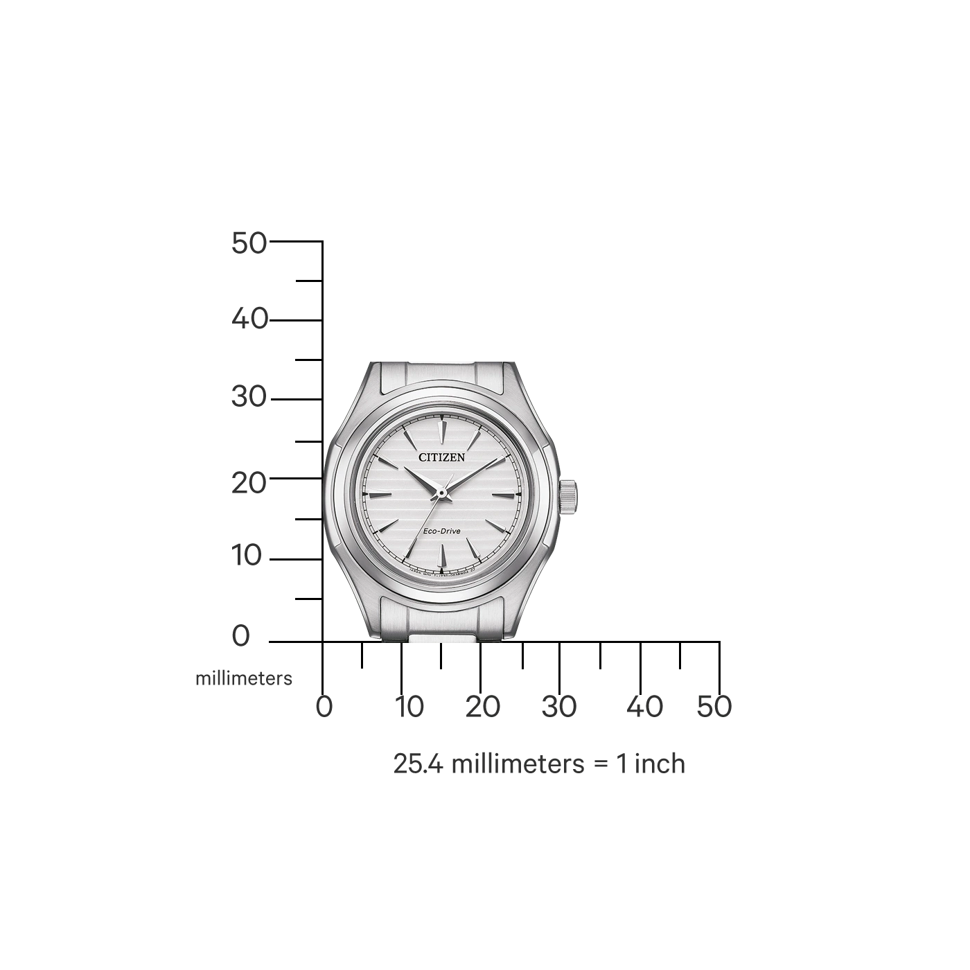 Citizen-Uhr mit Eco-Drive-Technologie, silberne Farbe und Millimeterskala zur Größenbestimmung.