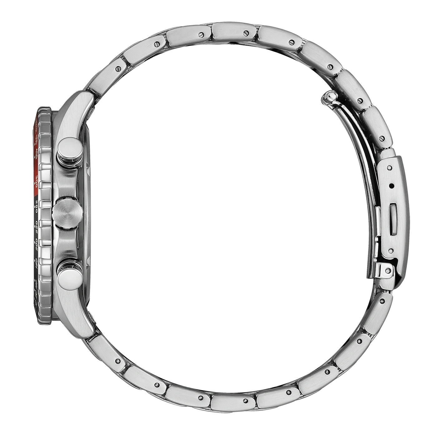 Seitenansicht einer silbernen Uhr mit Metallarmband und roten Akzenten.