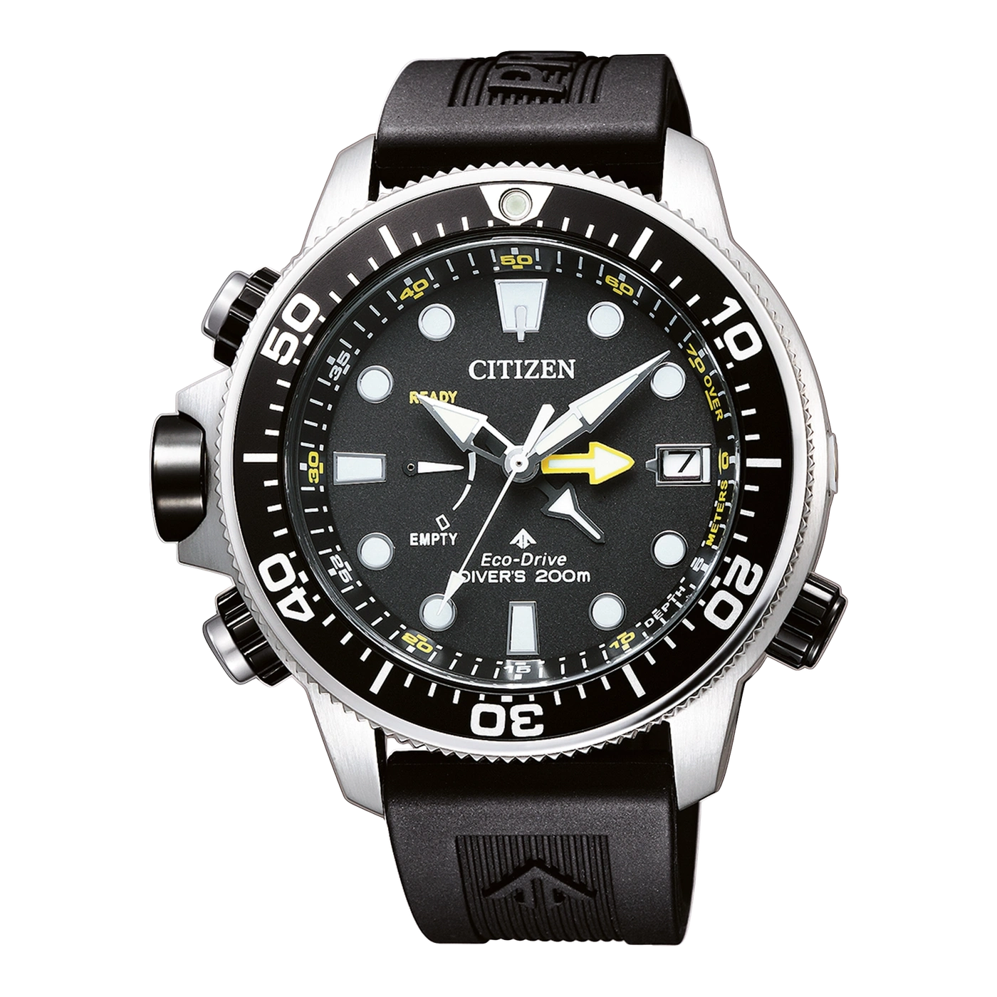 Citizen-Uhr mit schwarzem Zifferblatt, Eco-Drive, Taucher 200m, schwarzem Armband und silbernem Gehäuse.