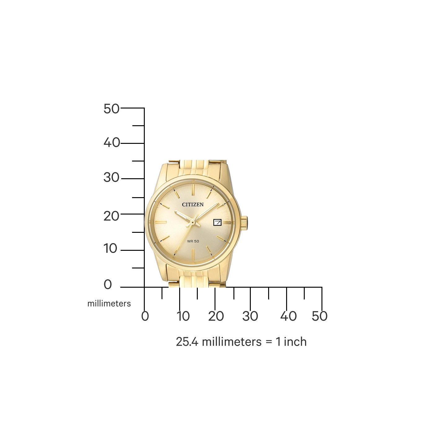 Goldene Citizen-Uhr mit Millimeterskala und dem Text 'WR 50'.