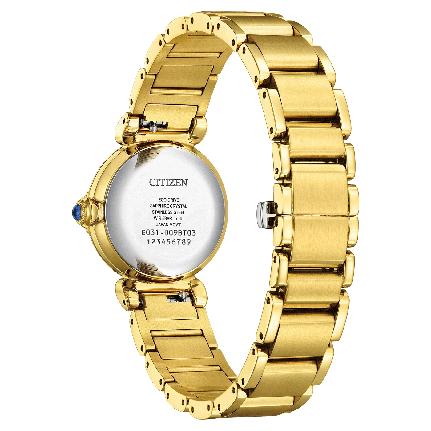 Goldene Citizen-Uhr, Rückansicht, Edelstahl, Saphirglas, Eco-Drive-Technologie