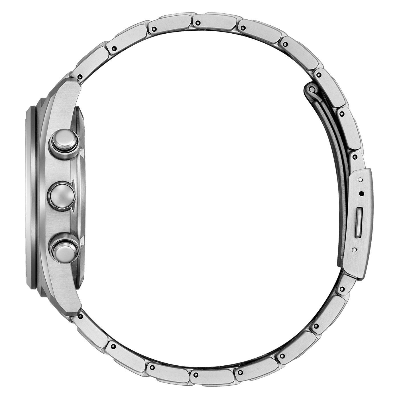 Seitenansicht einer silbernen Uhr mit Metallarmband und zwei Knöpfen an der Seite.